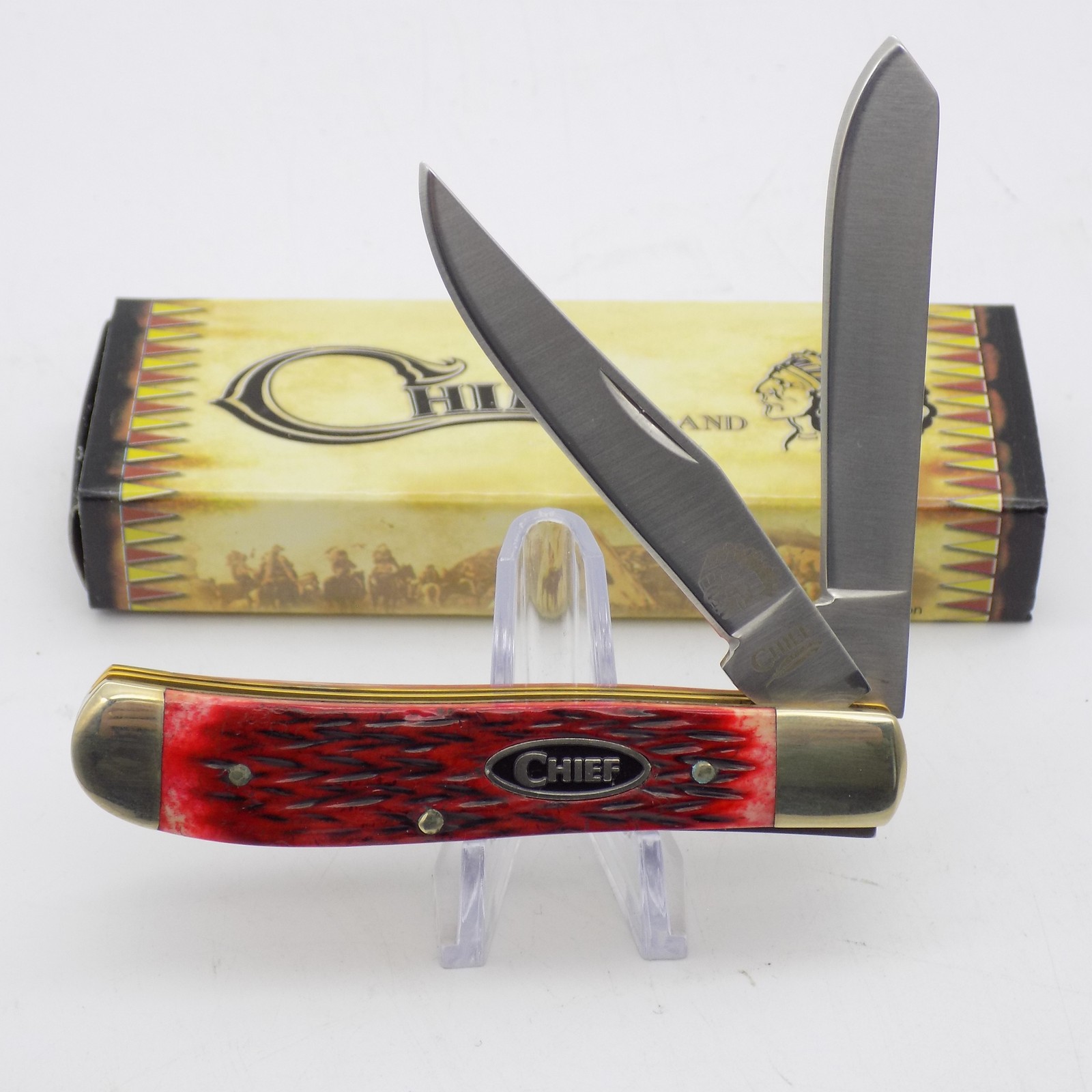 Chief CF0103 Red Jigged Bone 2-Blade Trapper Pocket Knife 3-1/2″ Clip/Spey NIB
