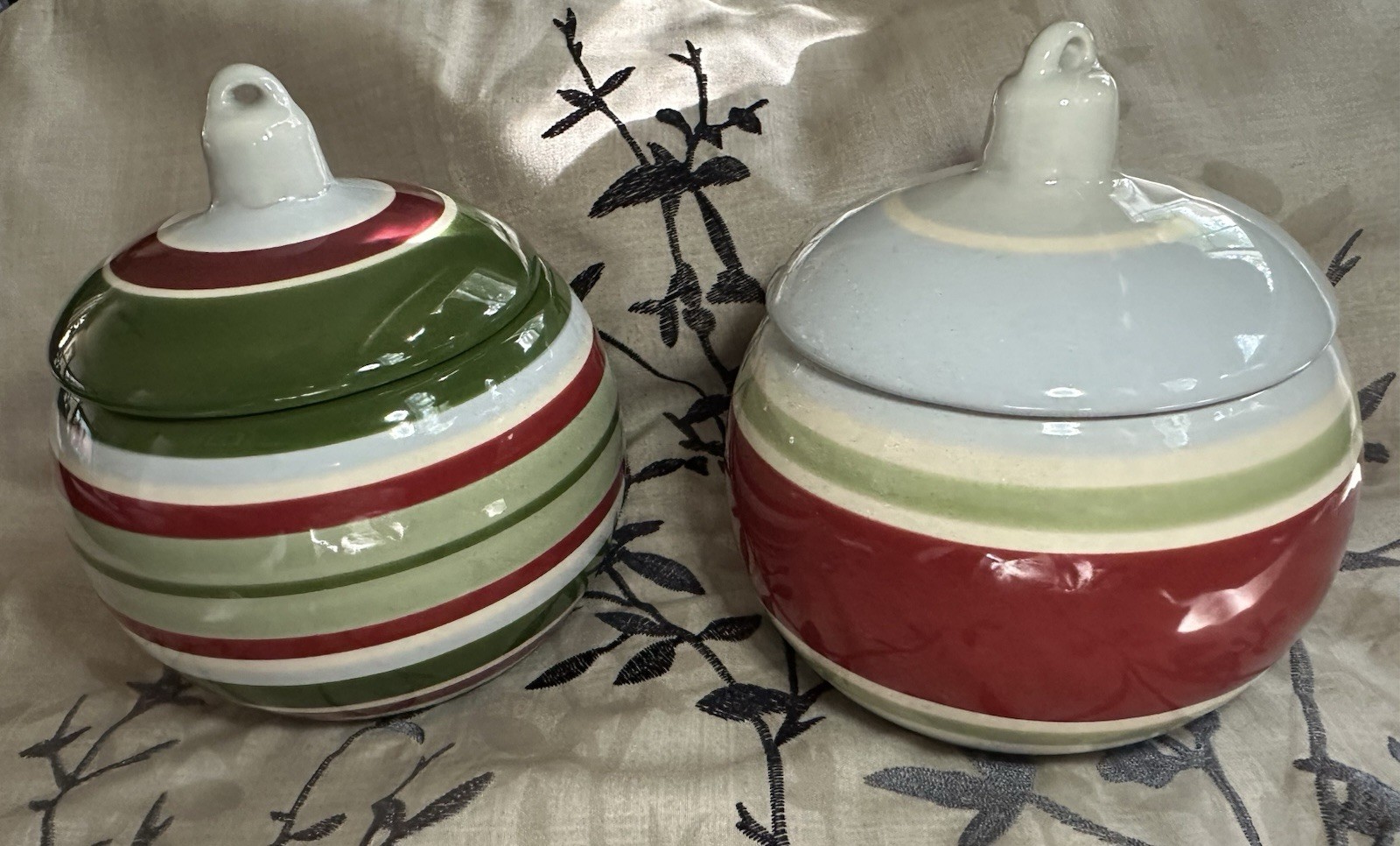 Longaberger All Occasion Ornament Striped 2 PC Pottery Set Lids In Box Christmas