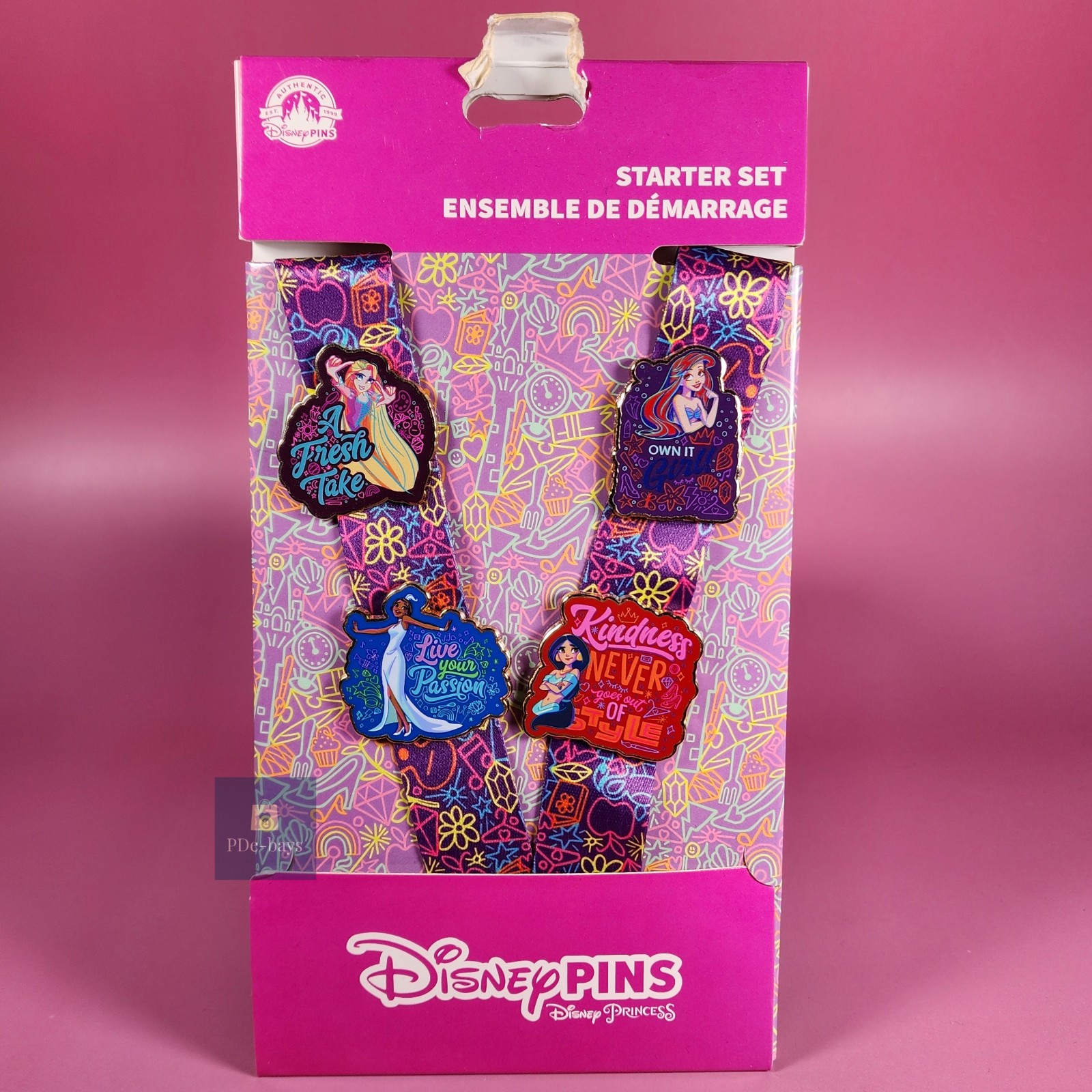 NEW Disney Princess Pin Lanyard Starter Set Rapunzel Ariel Tiana Jasmine Quotes
