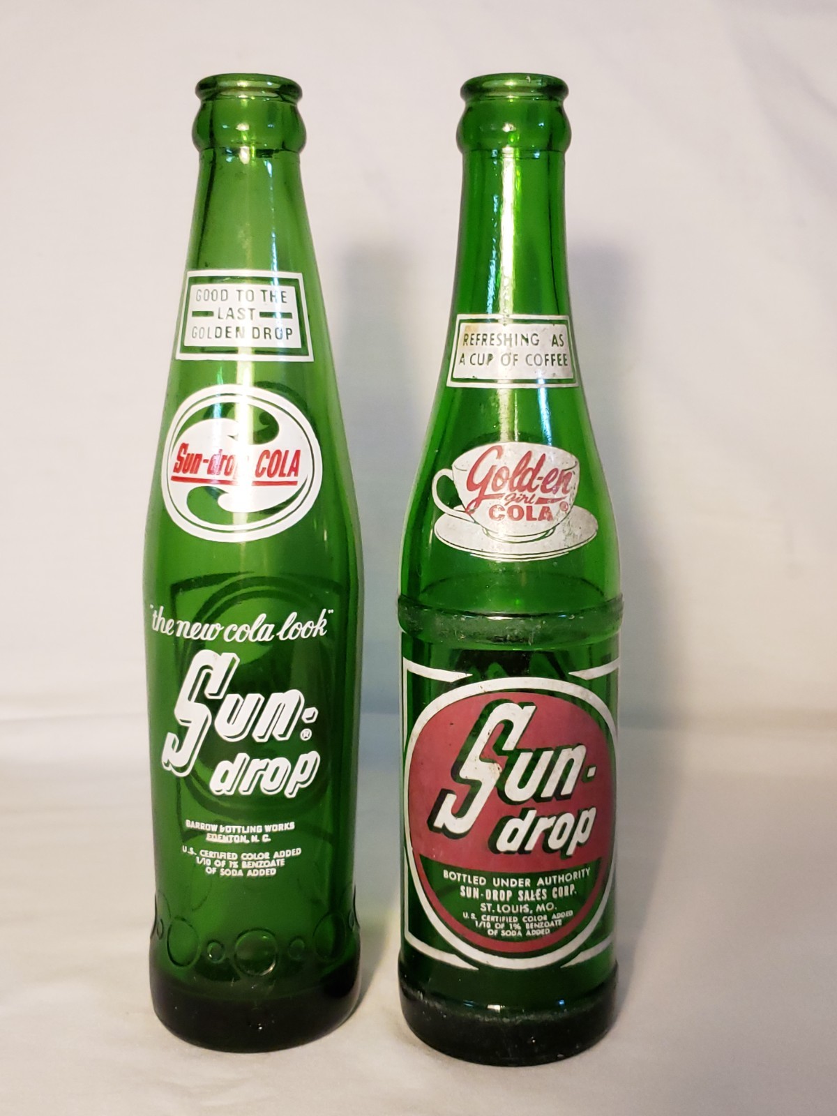 Vtg Lot of 2 Sun-drop Golden Girl Cola Green Glass Bottles 9 Oz