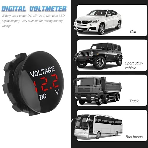DC 12-24V Voltmeter Gauge – Waterproof Round Panel – Mini LED Red – Mini Car