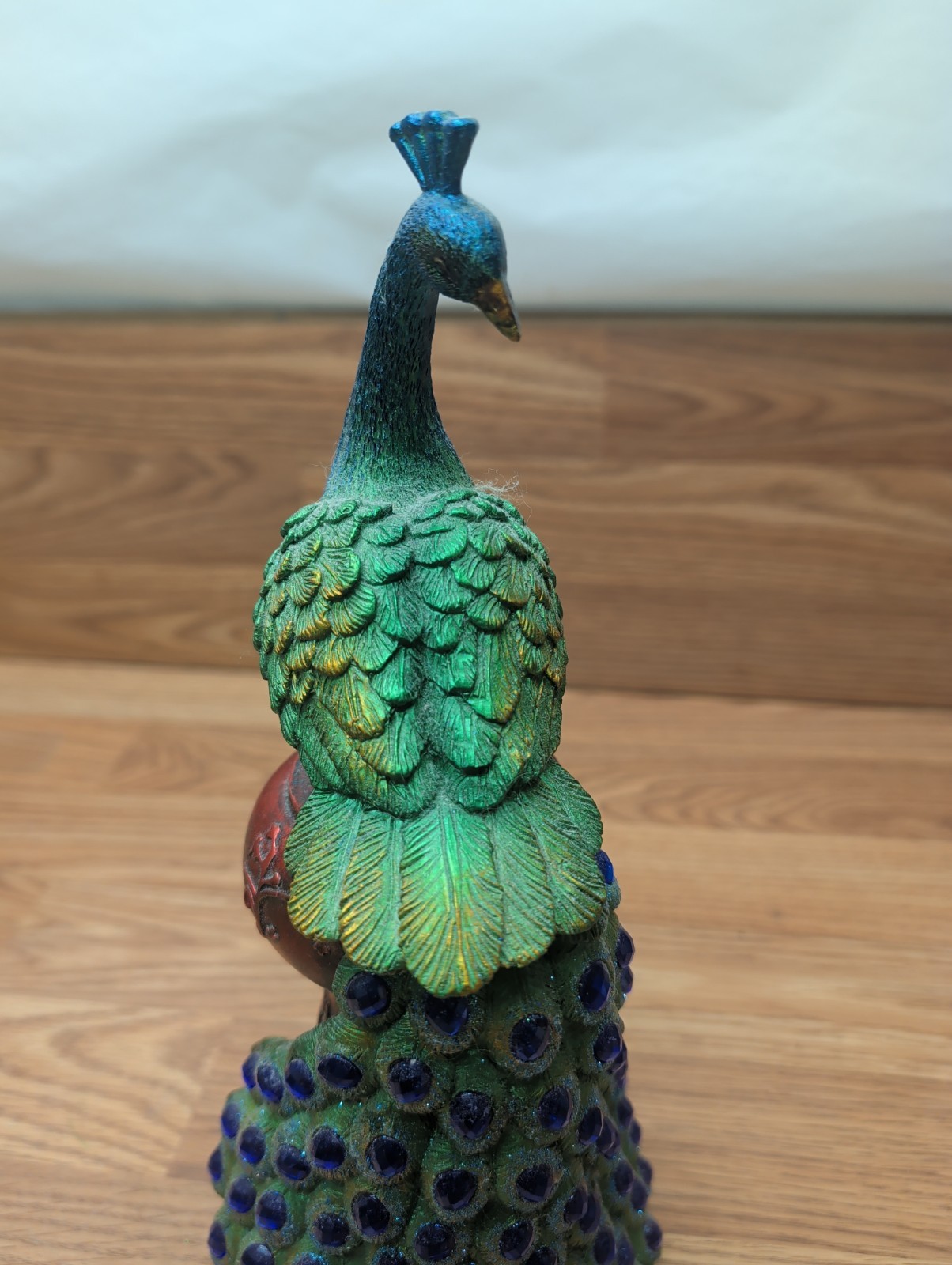 Ornate Jeweled Peacock Figurine Iridescent Resin Beautiful Detail