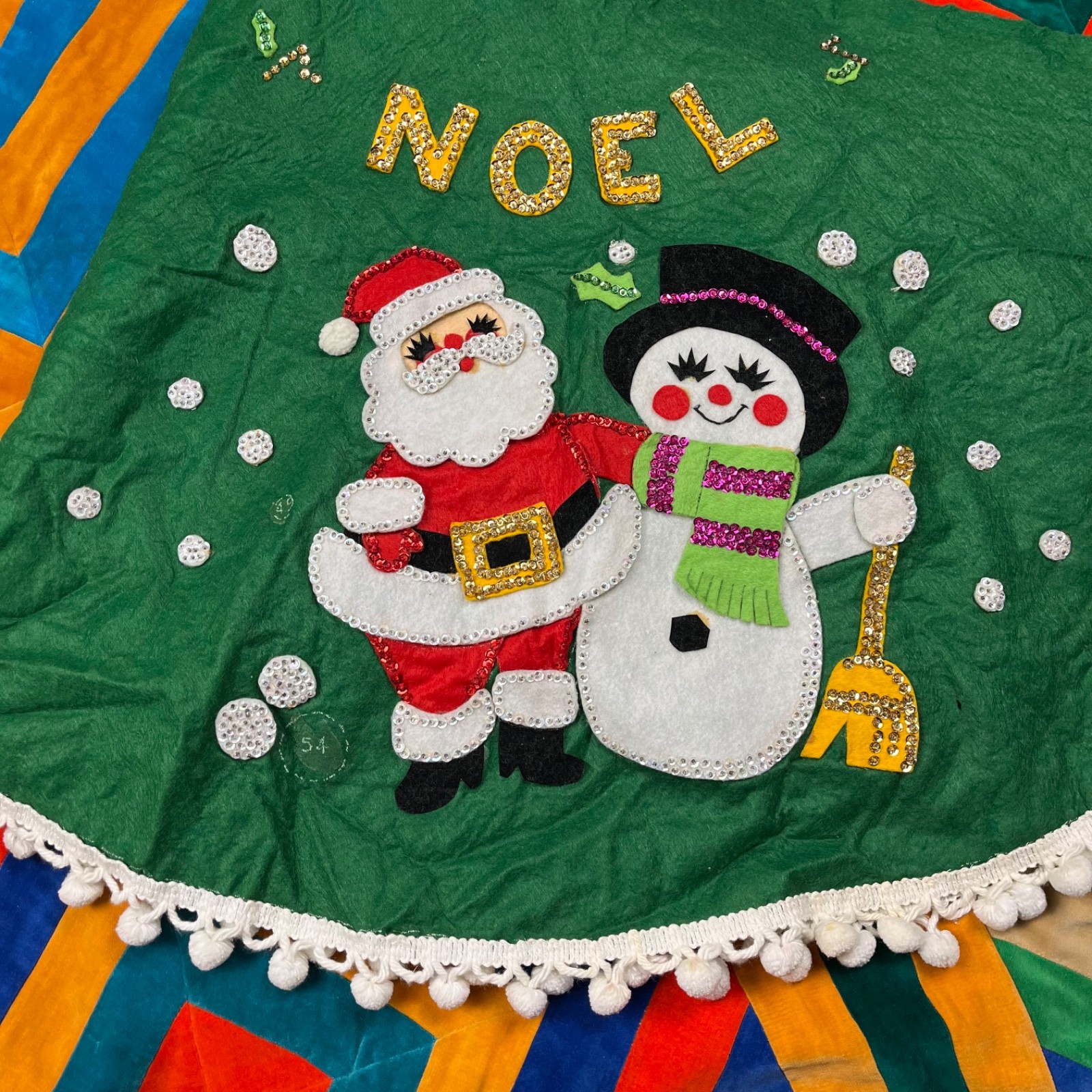 Vintage Bucilla Felt Christmas Tree Skirt Santa Snowman Noel Sequins VGC 44″ MCM