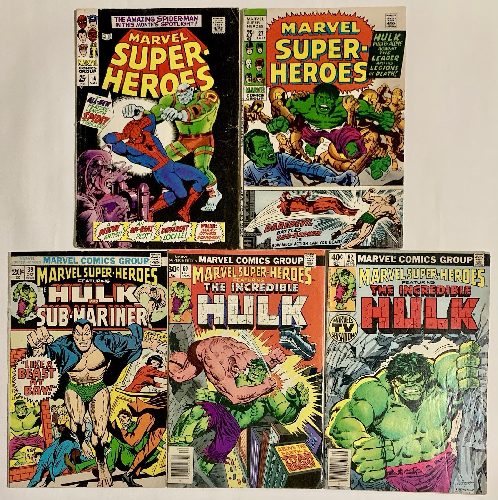 Marvel Super-Heroes #14 27 39 60 82 Hulk Sub-Mariner Daredevil 1970-79 Lot/5