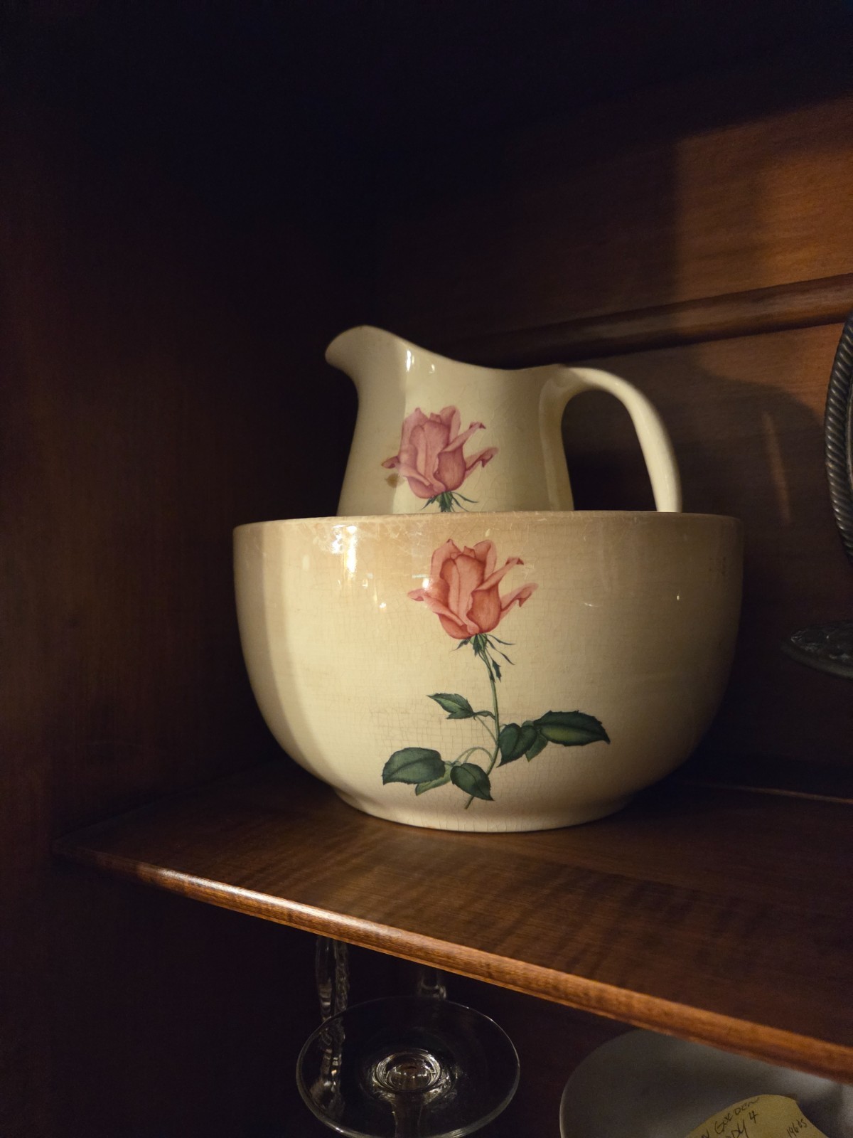 Vintage 1940s Universal Cambridge Pink Rose Farmhouse Pitcher & Nesting Bowl Set