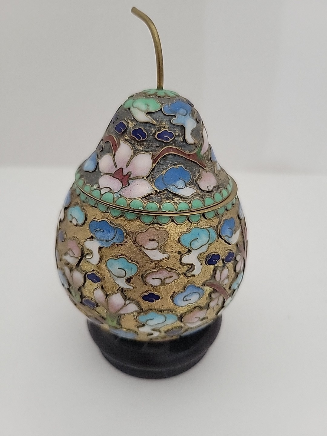 Cloisonne Pear Enamel Trinket Box w/ BRASS Stem Vintage Floral Handpainted