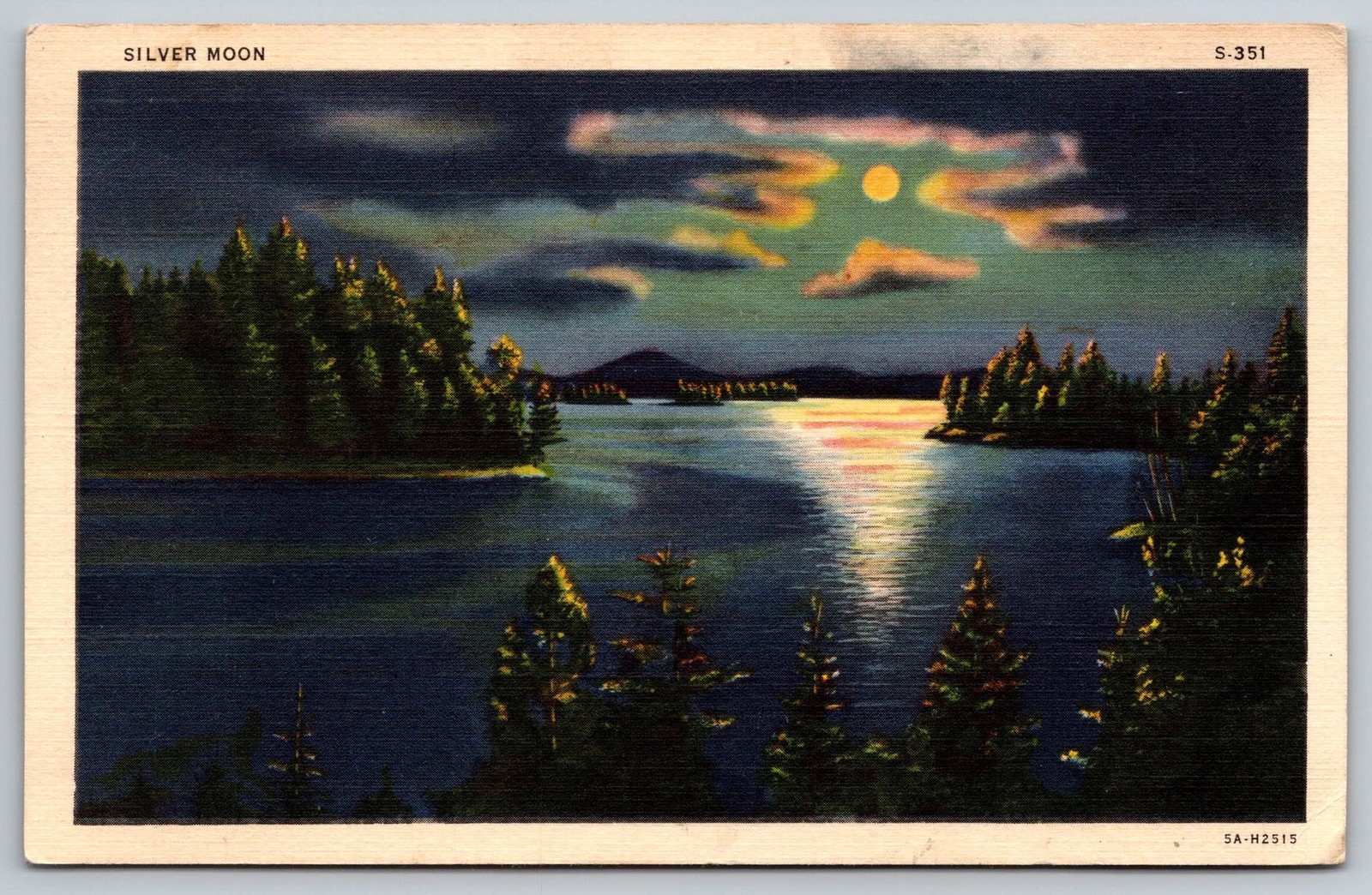Lake Vintage Postcard moonlight night scene Curt Teich linen postcard 1938