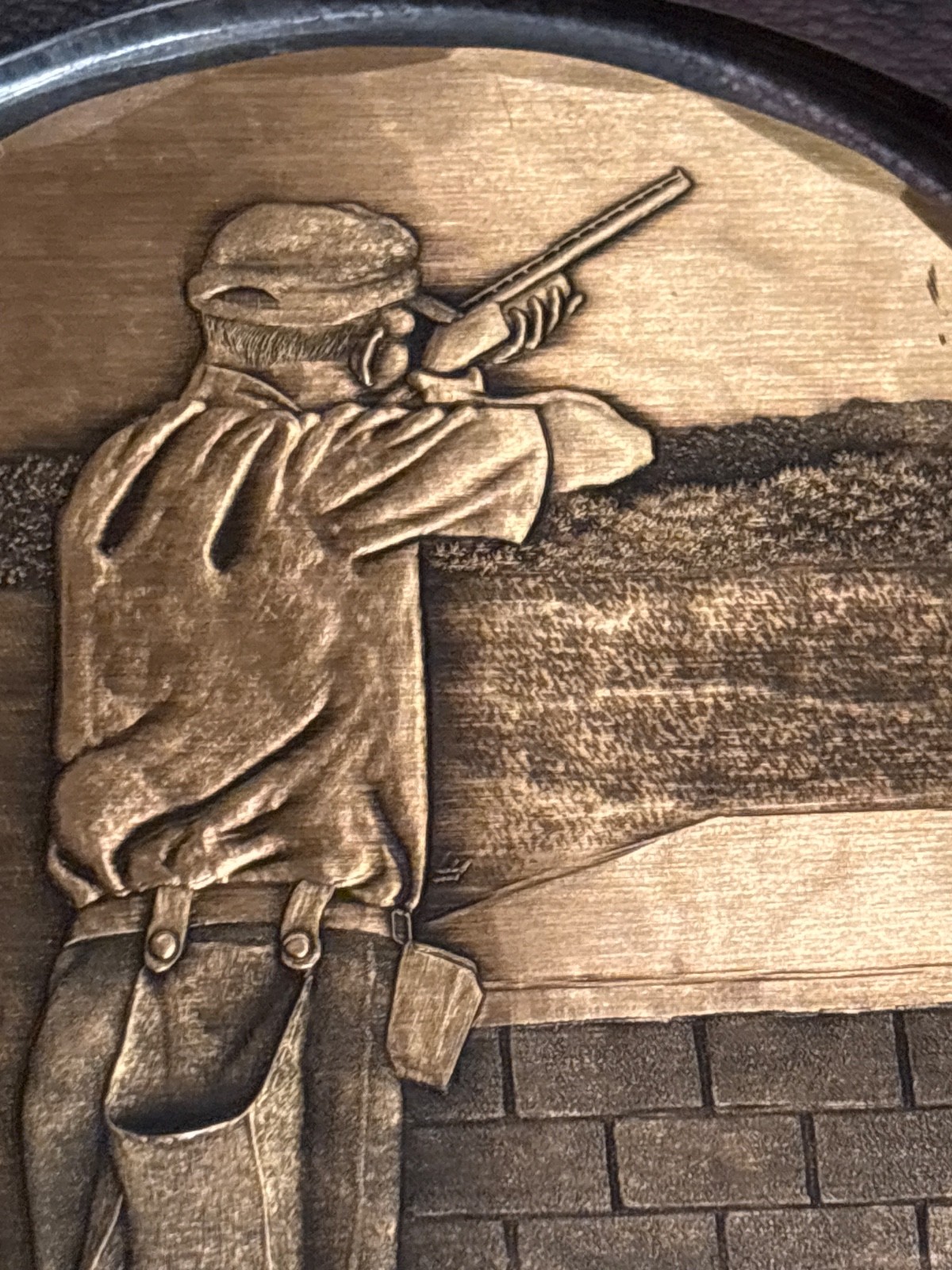 Rare unusual solid bronze over Acrylic round Trap Shooting scene on Trophy Art