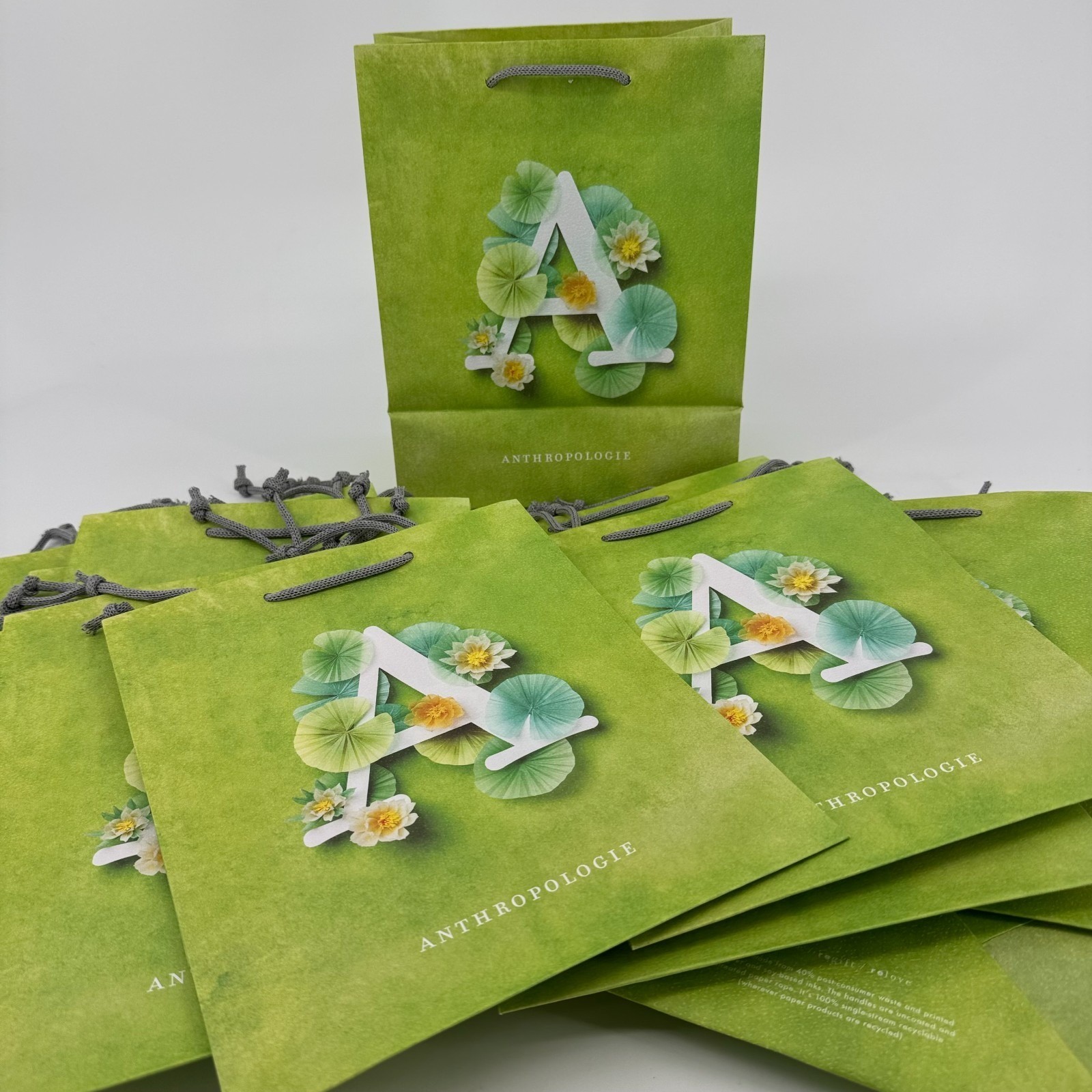 LOT of 20 New ANTHROPOLOGIE “A” Green Print Shopping Gift Bags Paper Tote
