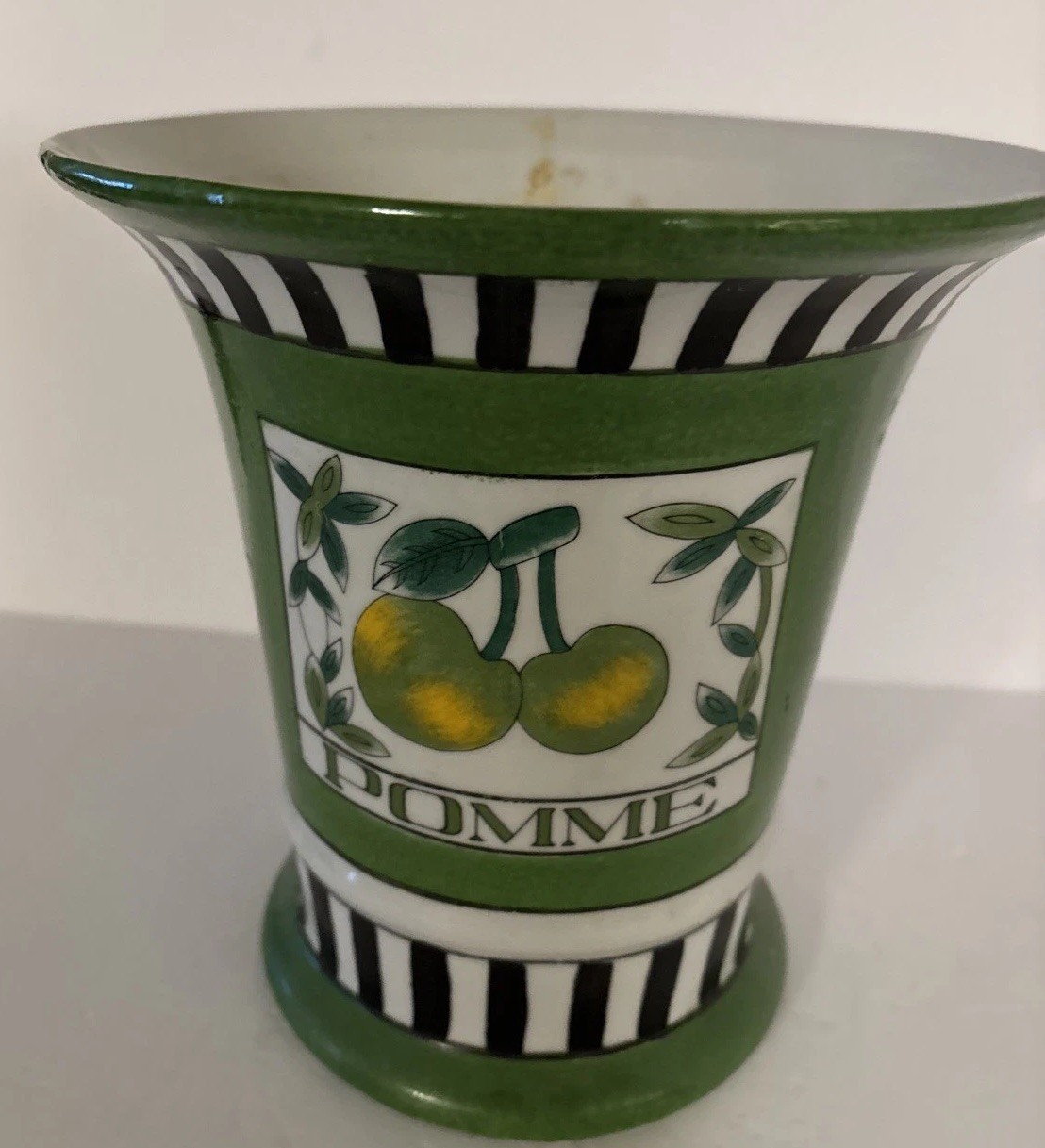 Vtg Ceramic Planter POMME French For Apple 8×8.25” Striped Black White Green