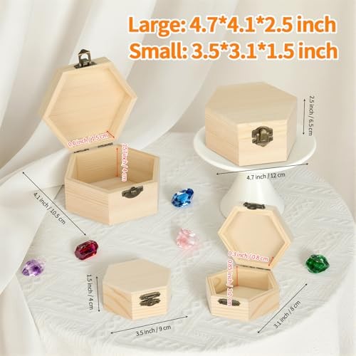 Hexagonal Wood Gift Boxes with Lid for DIY Crafts, 2 Pack, Large & Small, Pine