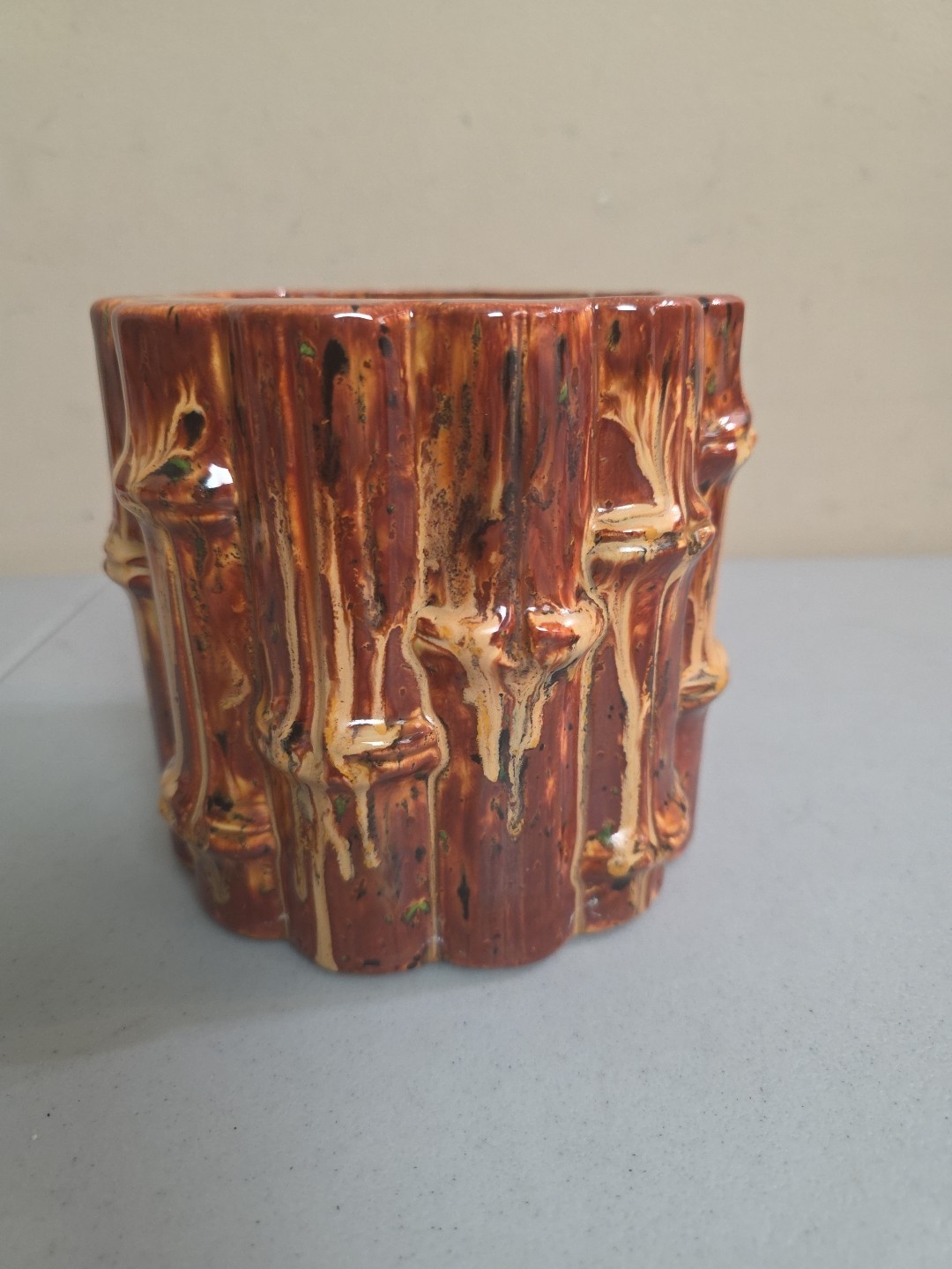Vintage Bamboo Pattern Ceramic 5 Inch Pot No Chips Or Cracks. Nice Decor Planter