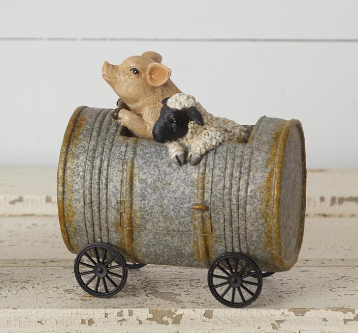 Primitive PIG and SHEEP riding in Can Resin Figurine – Rustic Farmhouse