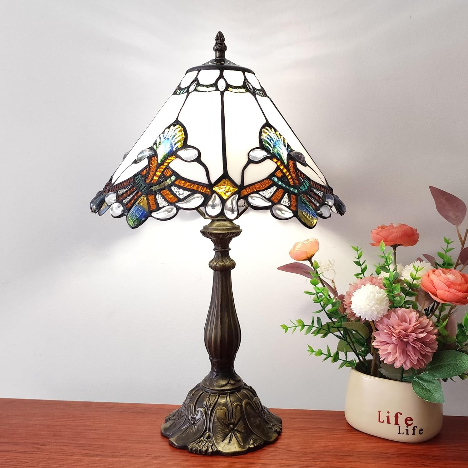 Vintage Tiffany Baroque Stained Glass Table Lamp with Bulb – 3-Way Light