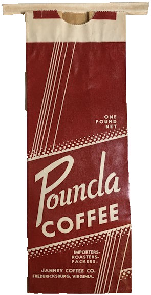 Vintage 1940s Fredericksburg VA Janney Coffee Bag Set – “Pounda Coffee” NOS