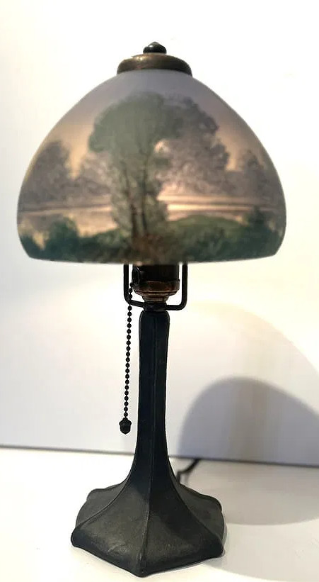 Antique Reverse Painted Scenic Glass Boudoir Lamp – Handel Style – Arts & Crafts