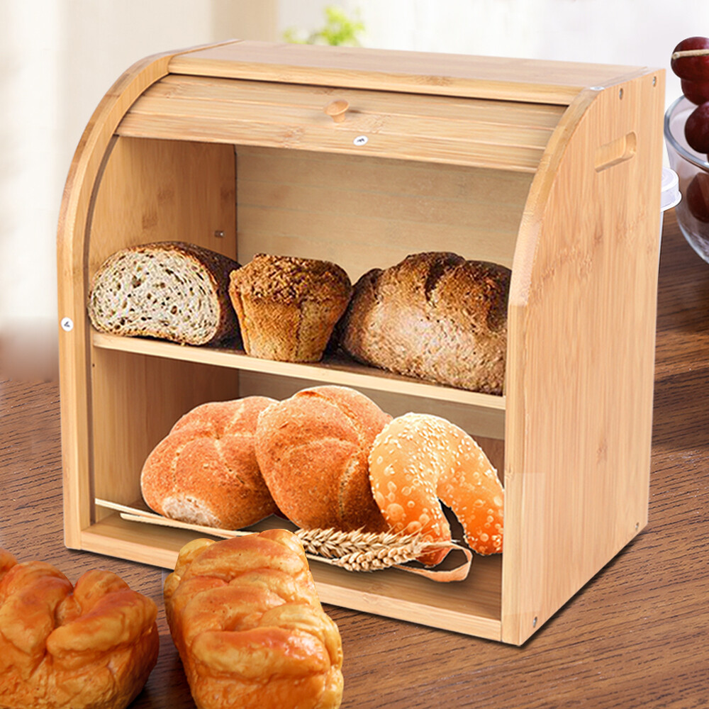 Natural Bamboo Roll Top Bread Box Kitchen for Countertop Food Storage 2-Layer