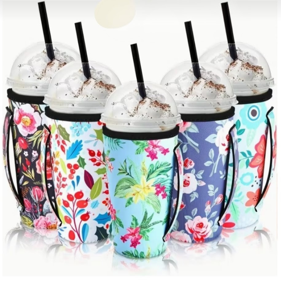 1 Reusable Iced Coffee Cup Sleeve Grey Rose Print Neoprene Insulated 30-32oz