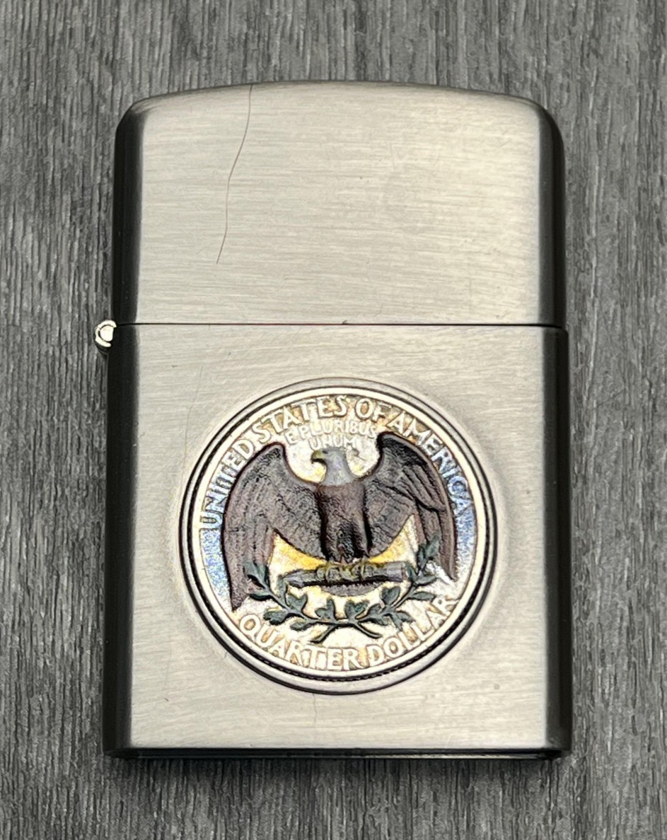 Brushed Silver Flip Top Lighter Color US Quarter Dollar Eagle Coin Inlay Novelty