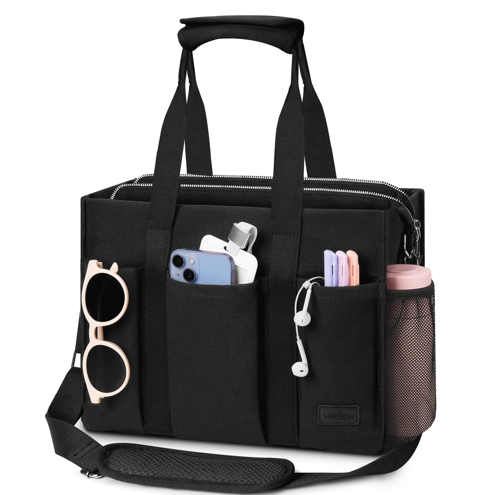 Tote Bag for School, Large Canvas Crossbody Shoulder Bag for College Black