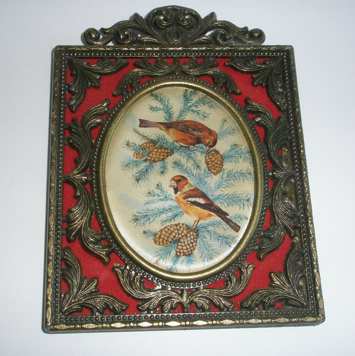 Vintage Italian Ornate Brass? Picture Frame Silk Fabric Insert Birds Pinecones