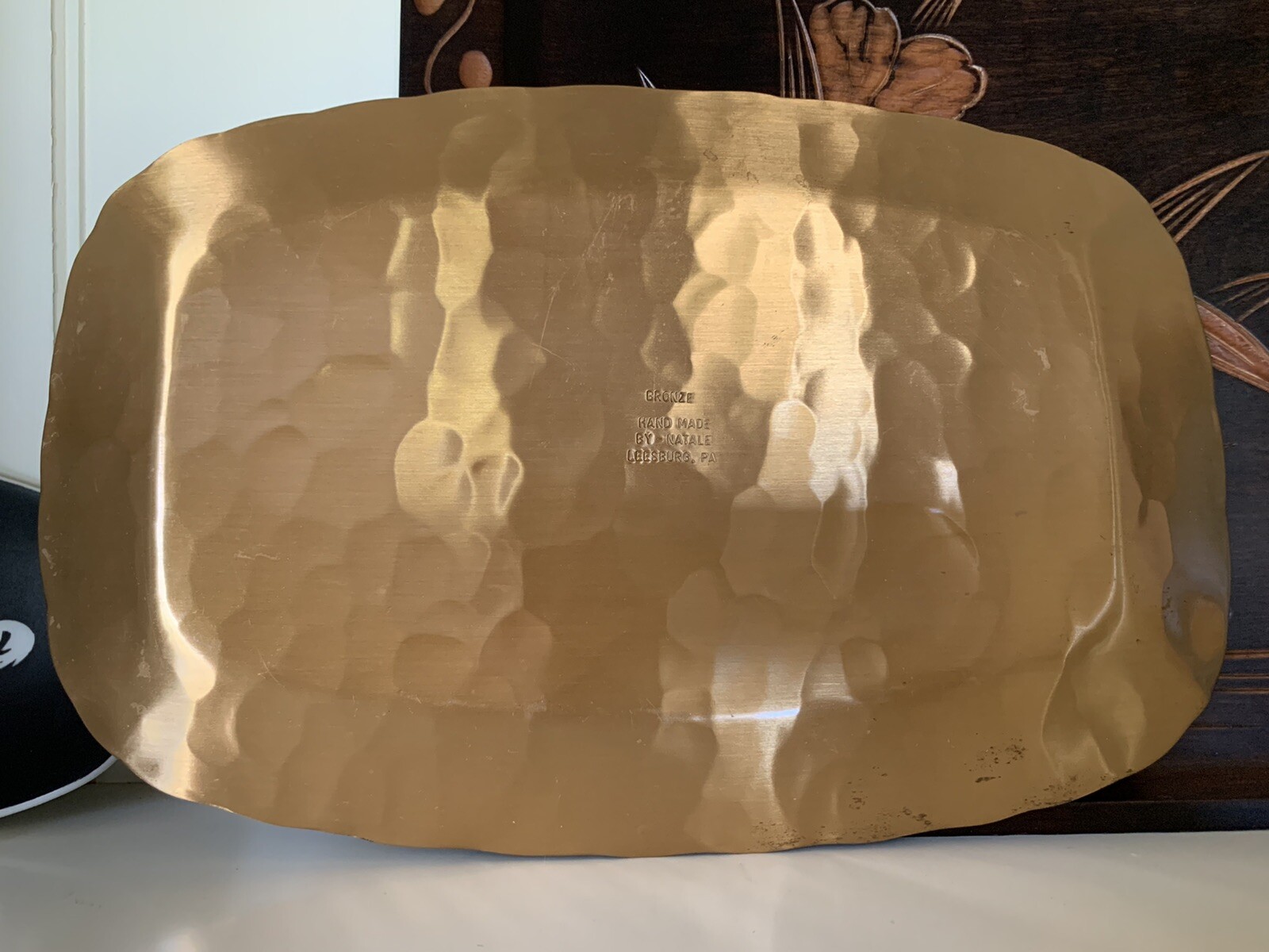 VTG Solid Bronze Tray Hand Hammered Forged Signed Hunting Pines Nature Deer MCM