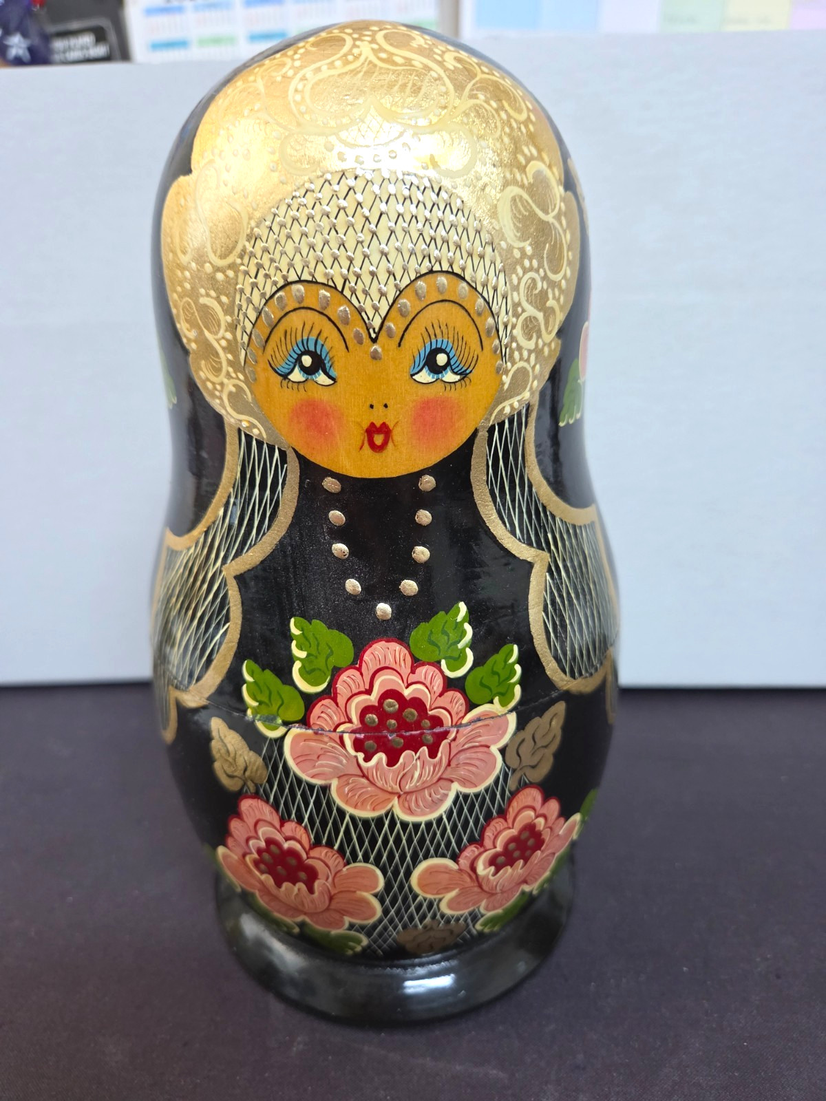 Vintage Russian Nesting Dolls Matryoshka 9 Piece Set Black Floral 9″ Wood