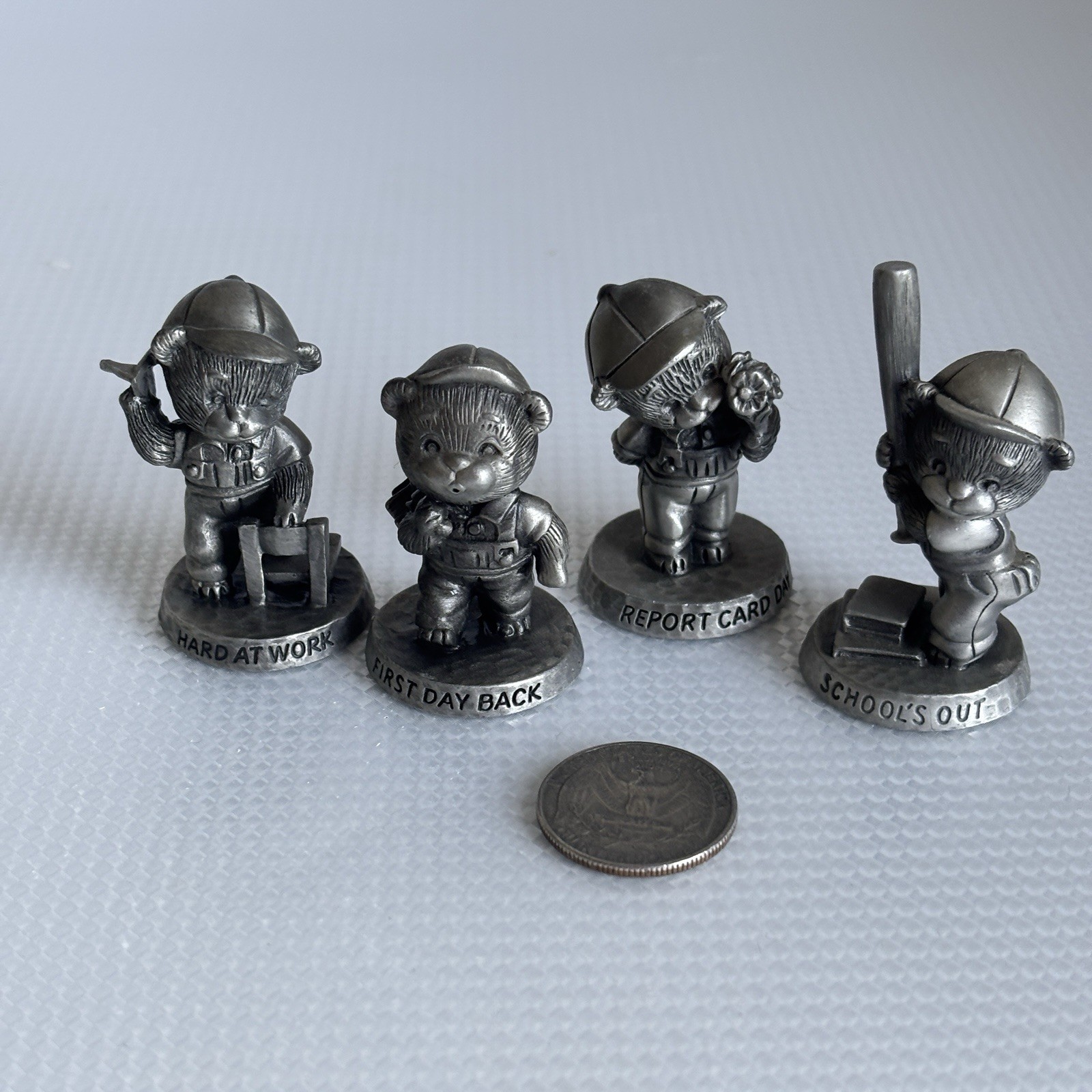 Vintage Avon RJ Pewter Teddy Bear School Days Figurines Set of 4 1983-1984