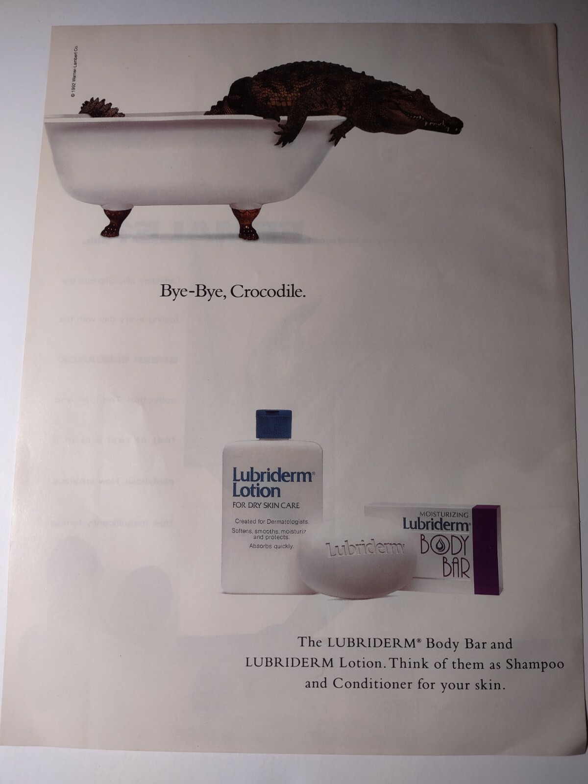 Lubriderm Lotion Bye Bye Crocodile Vintage 1990s Print Ad