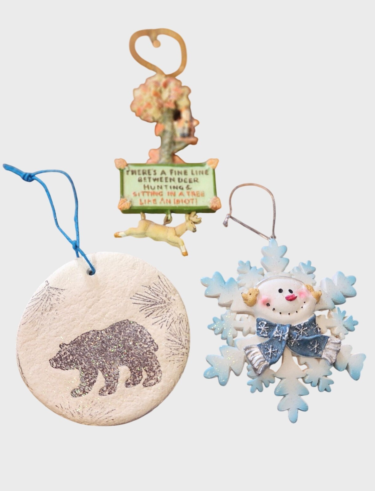 3 Unique Christmas Ornaments – Bear, Snowman Snowflake & Deer Hunting