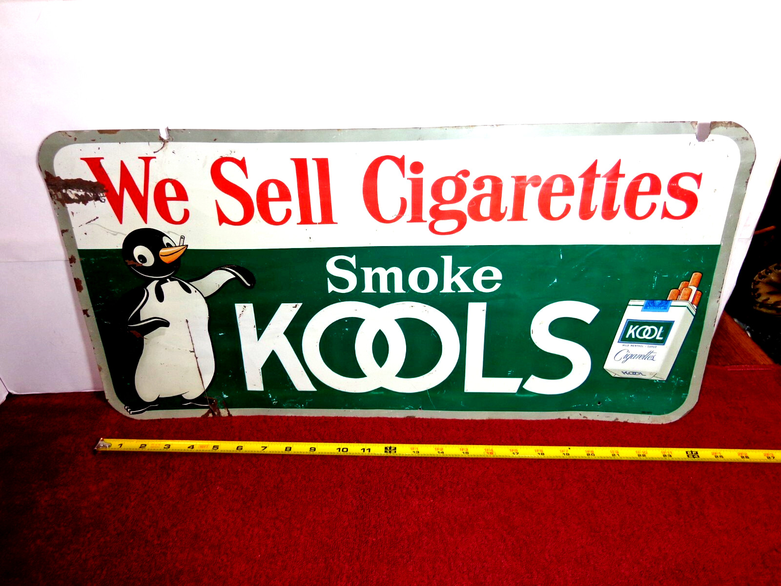 25x12in VINTAGE KOOL CIGARETTES ADVERTISING SIGN EMBOSSED TIN METAL TACKER -C64
