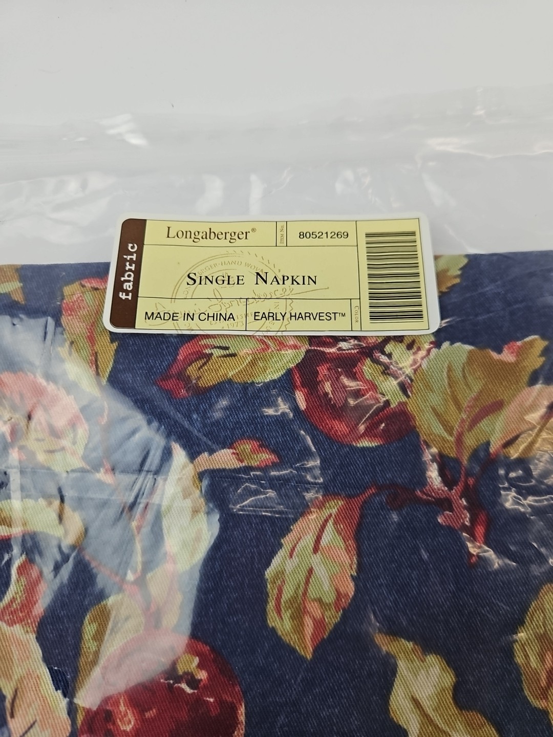 New LONGABERGER Basket #80521269 EARLY HARVEST Napkin 19×19 Apple Fruit Blue