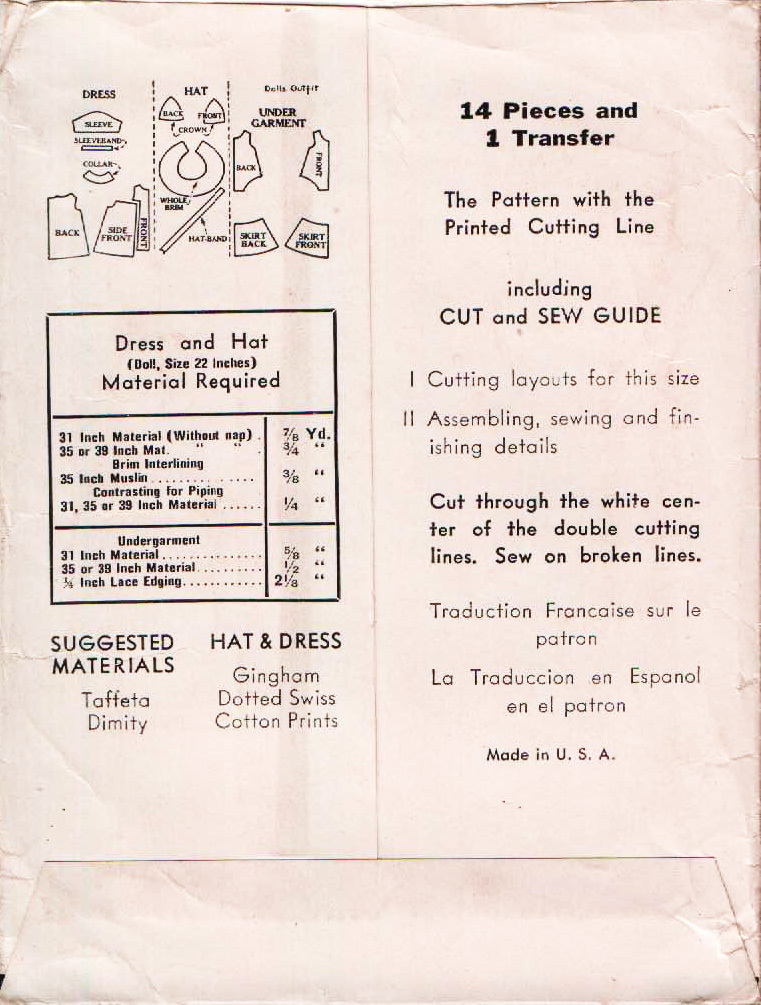 UNCUT ORIGINAL 1939 McCALL Sample Pattern for 22″ Doll’s Outfit- Dress and Hat