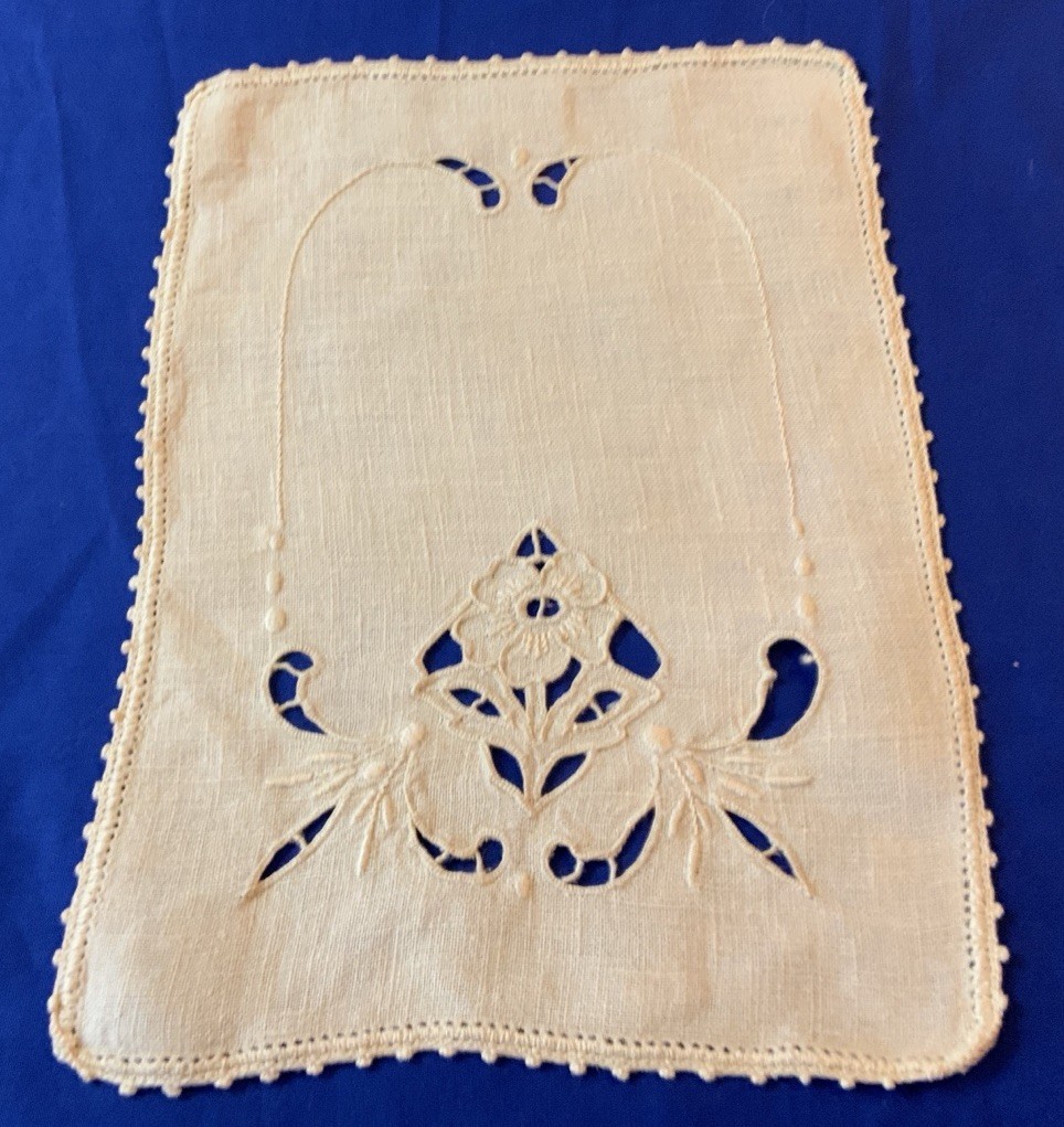 Vintage Antique Rectangle Doily, Flower Embroidery, Linen, Off White