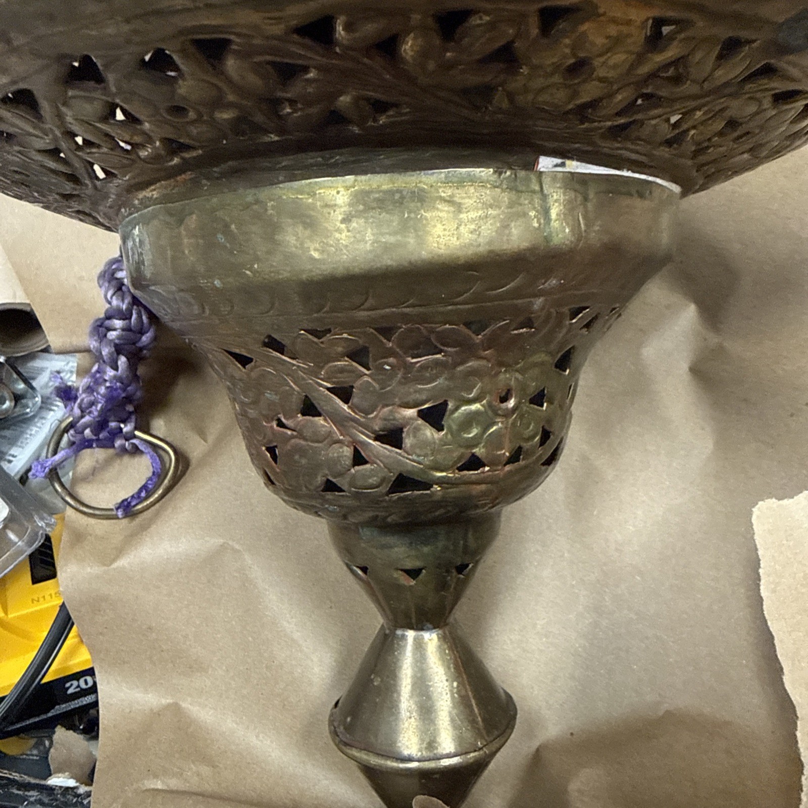 Vintage Pierced Brass Pendant Hanging Lantern Light Turkish Fixture- Middle East