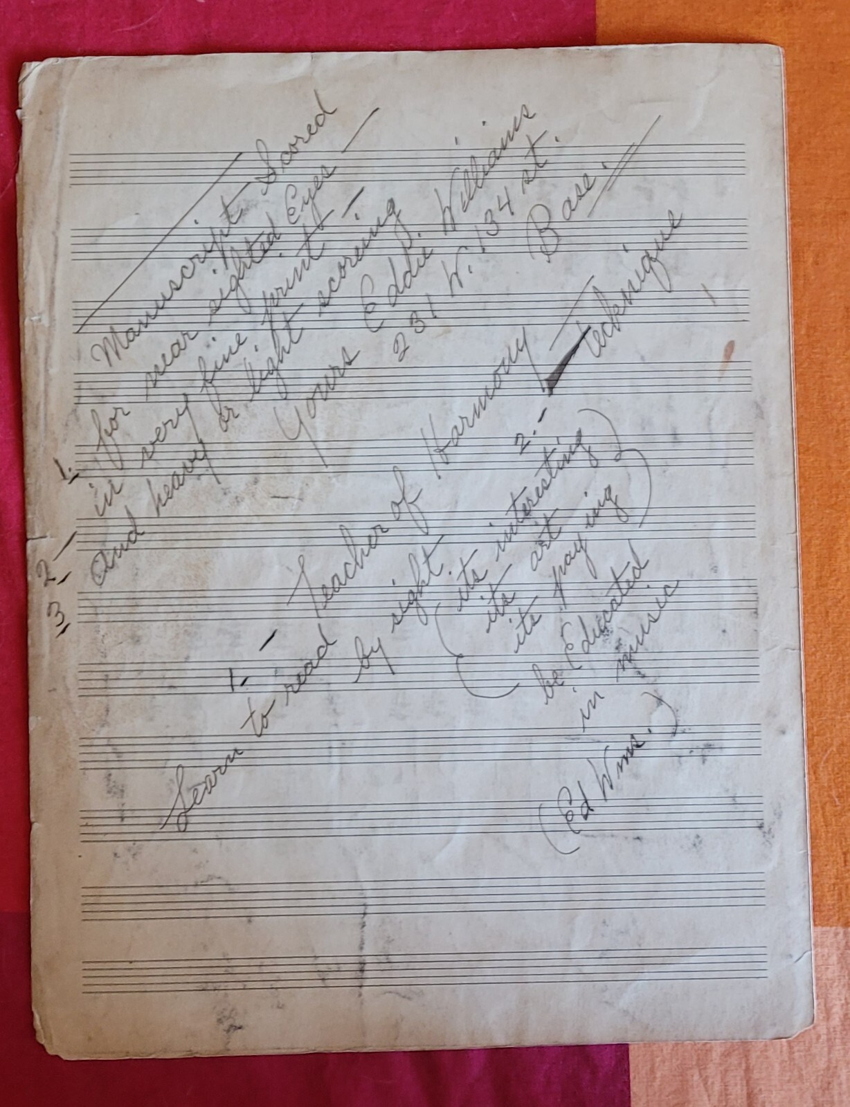 HARLEM NYC ORIGINAL MUSIC SCORE EDDIE WILLIAMS BLUES INSCRIBED SIGNED 4 PAGE