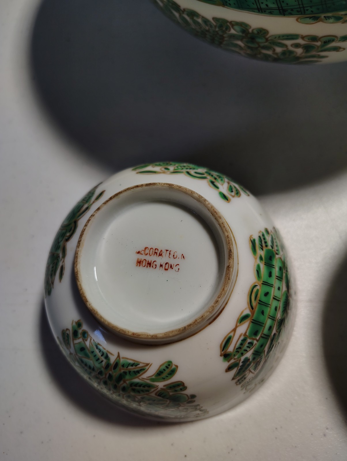 3 Bowl Set ~ VINTAGE CHINESE “Fitzhugh” GREEN WHITE BLACK W GOLD TRIM PORCELAIN