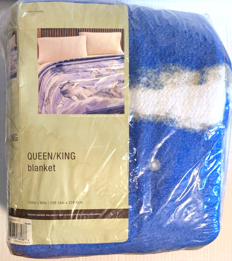Vintage Wolf Pack Wolves Queen King Blanket Blue Gray Polyester 102 x 90″ – New