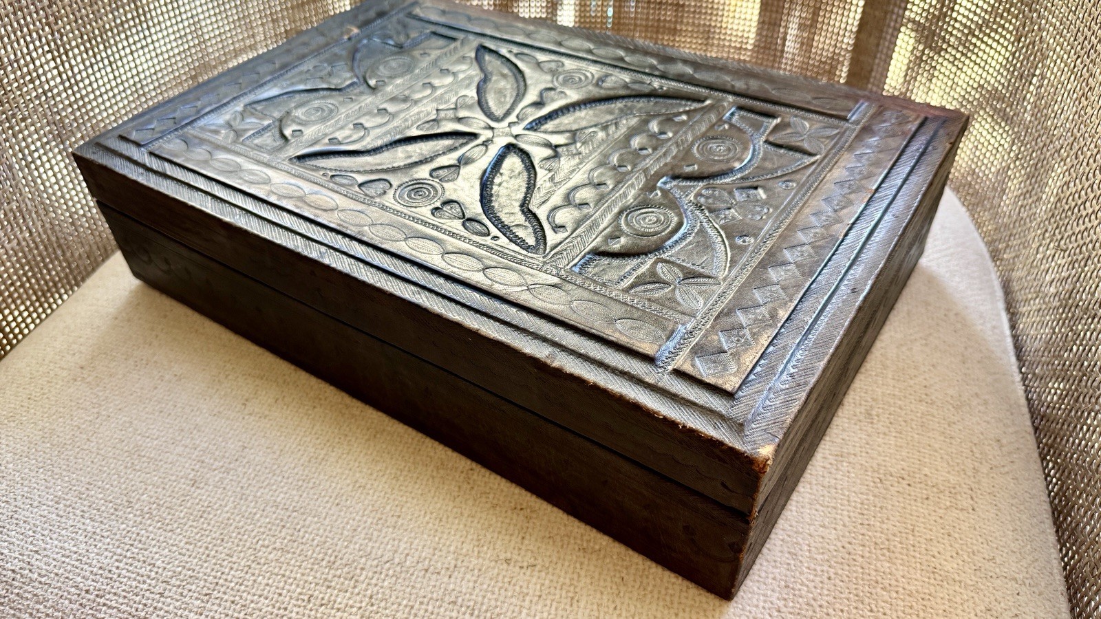 Large Tuareg Style Vintage Embossed Leather Box Tribal African Storage 40cm