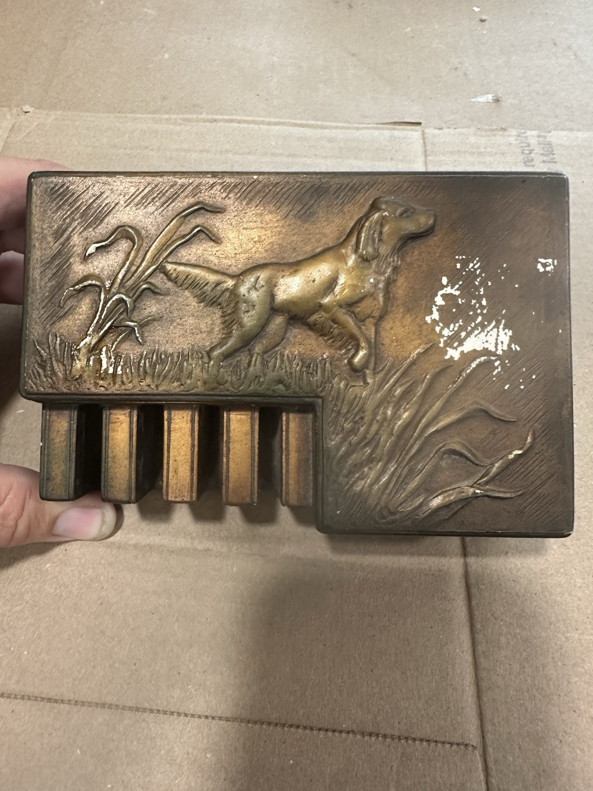 Vintage Cigarette & Match Holder Desk Top Hunting Bird Dog Rare Find! Dukes Tops