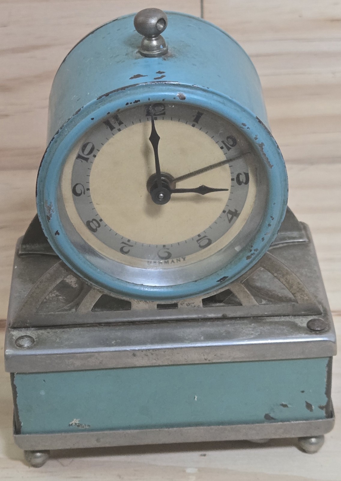 Vintage Mauthe Germany Wind Up Alarm Clock Blue Metal Art Deco Style Parts