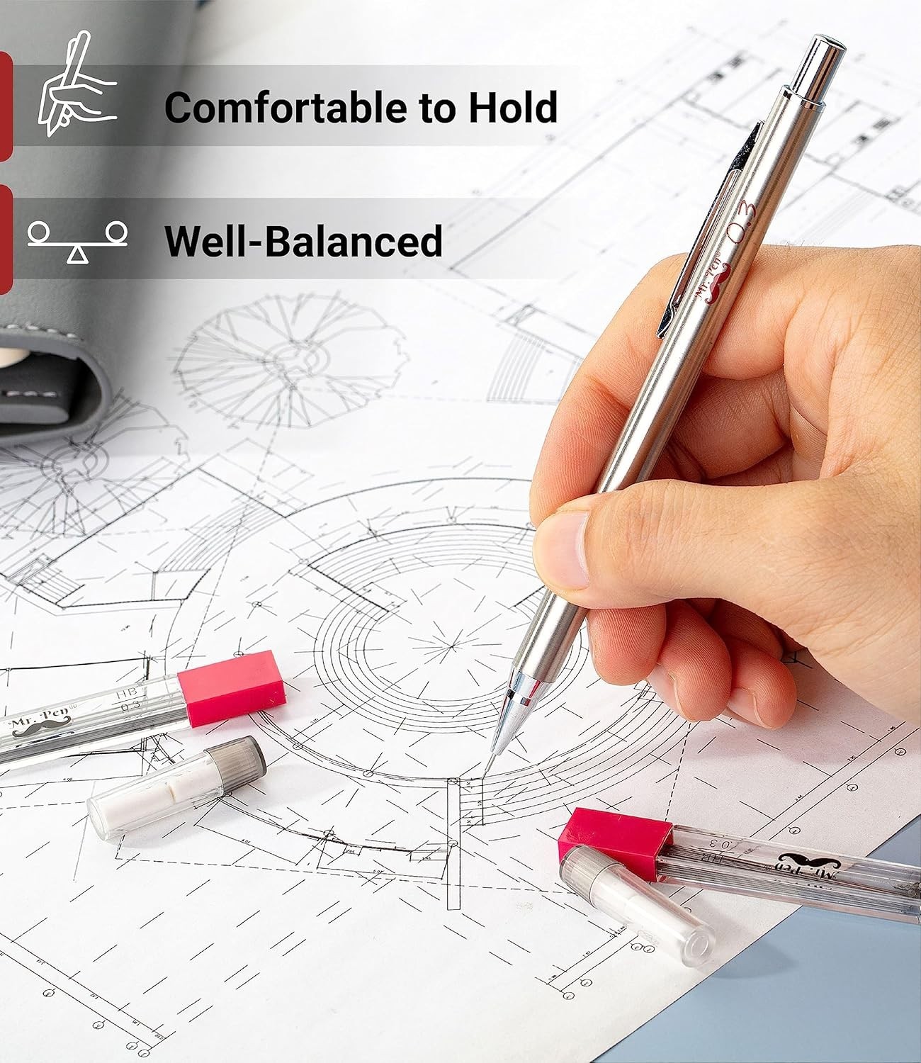 Professional 0.3mm Mechanical Pencils – All Metal, Includes Refills & Erasers