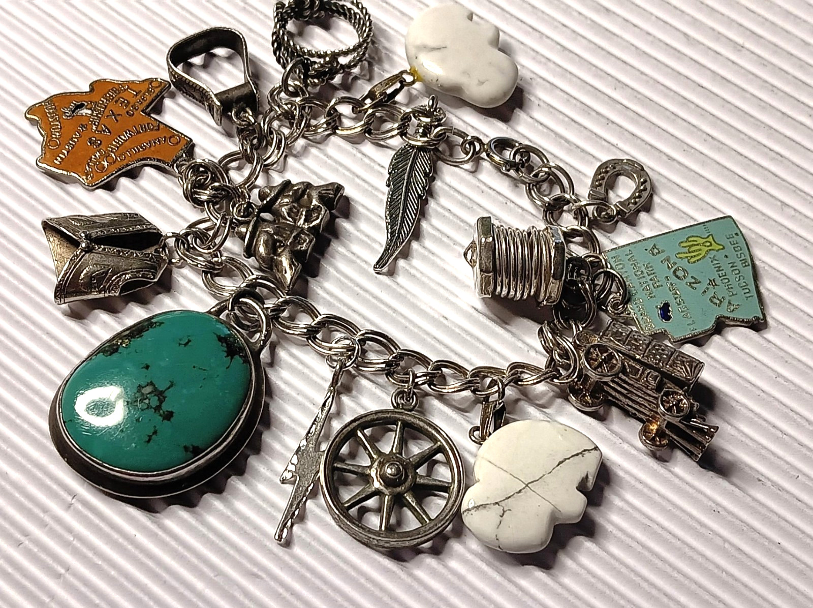 Vintage Western Sterling Silver, Turquoise, Carved Buffalo & Charms, Rare Wagon
