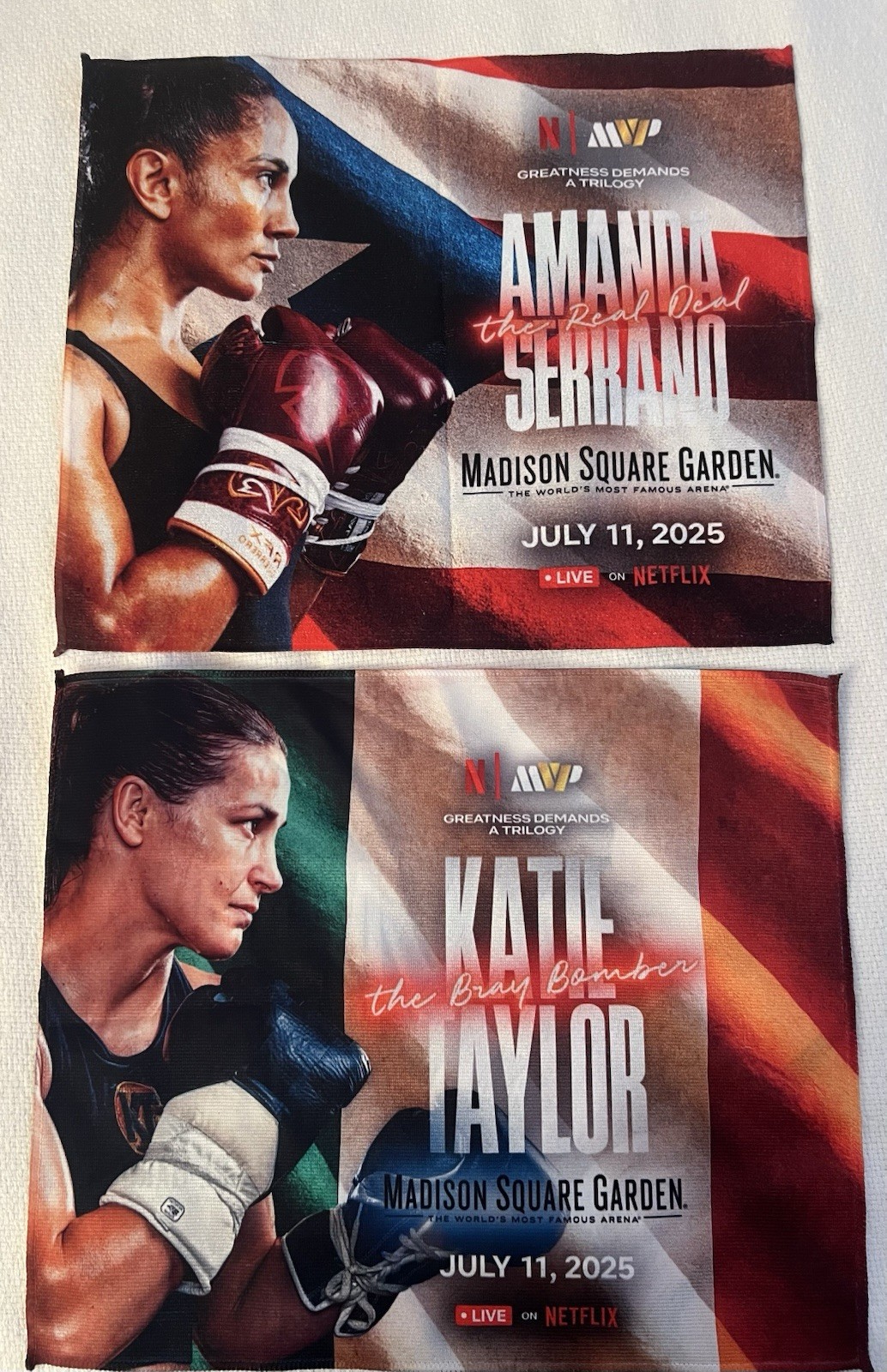 AMANDA SERRANO KATIE TAYLOR BOXING RALLY TOWEL & COASTER SGA 7/11/2025 MSG NYC