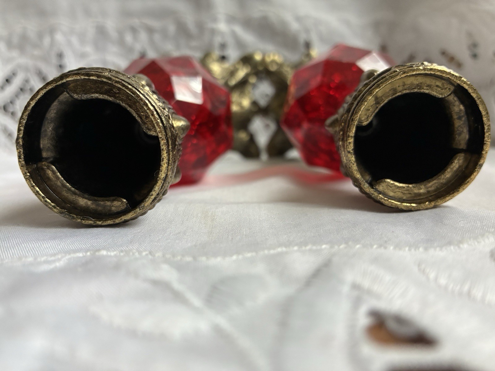 Hollywood Regency Style Ruby Red Lucite & Metal 8” Candlestick Holders Set Of 2