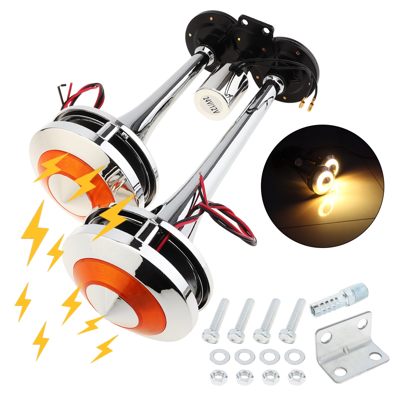 12V/24V Dual Trumpet Air Horn Kit, 300dB, Chrome-Plated, LED Light, Weatherproof