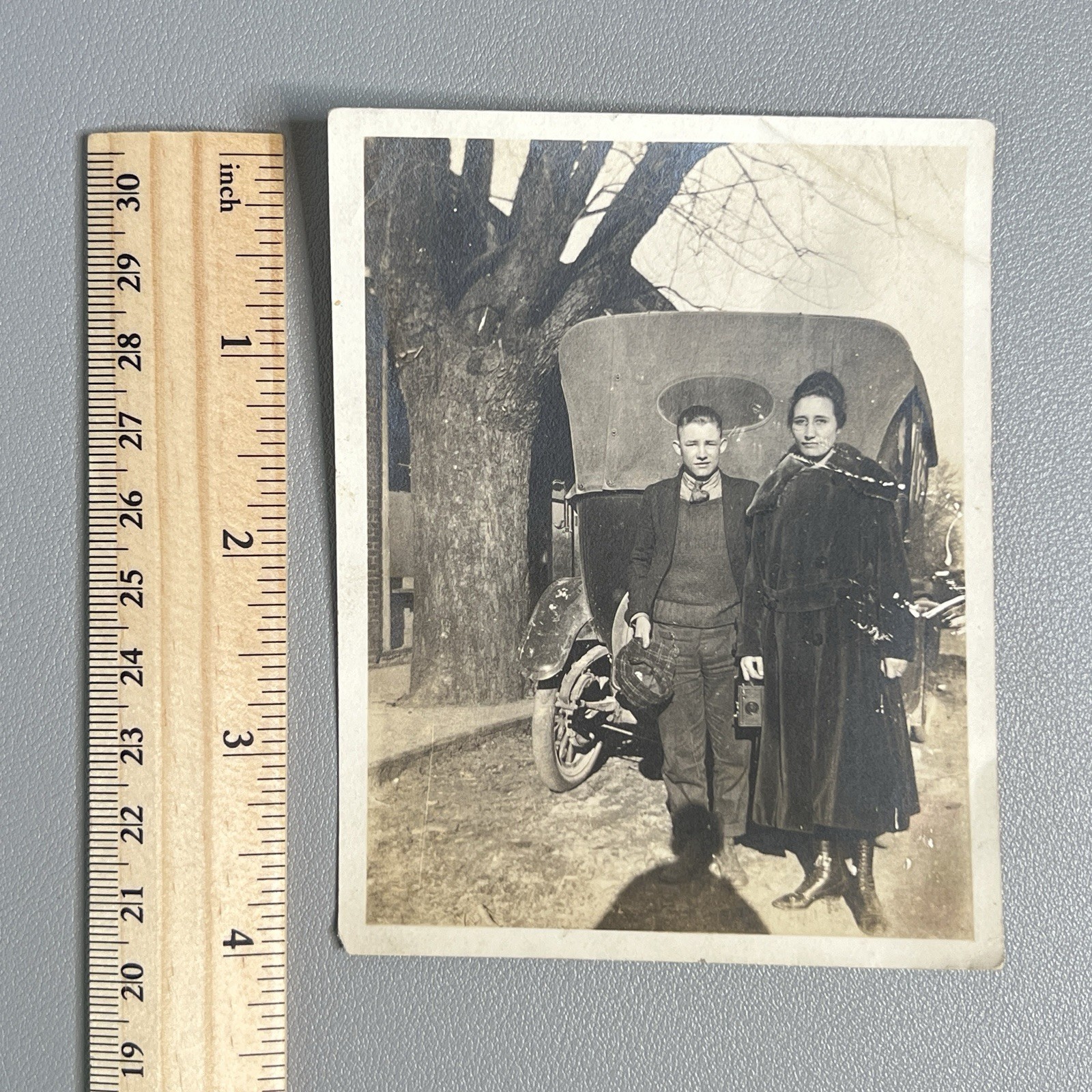 Vintage 1910s Photo Woman Holding Box Camera Early Car Shadow Newsboy Cap 1920s