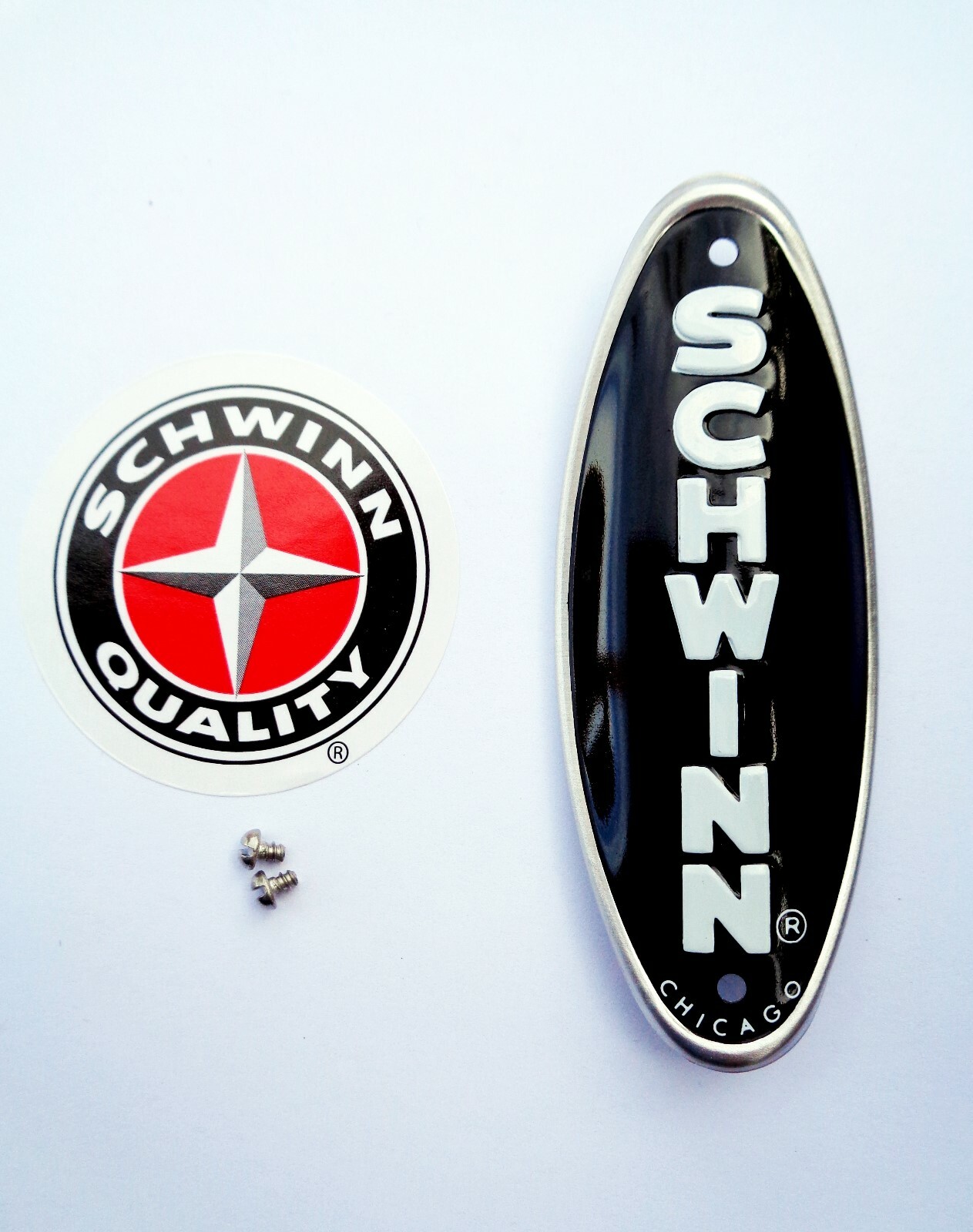 Schwinn Approved Bicycle Head Badge COTTON PICKER * BLACK w/ WHITE MADE IN USA
