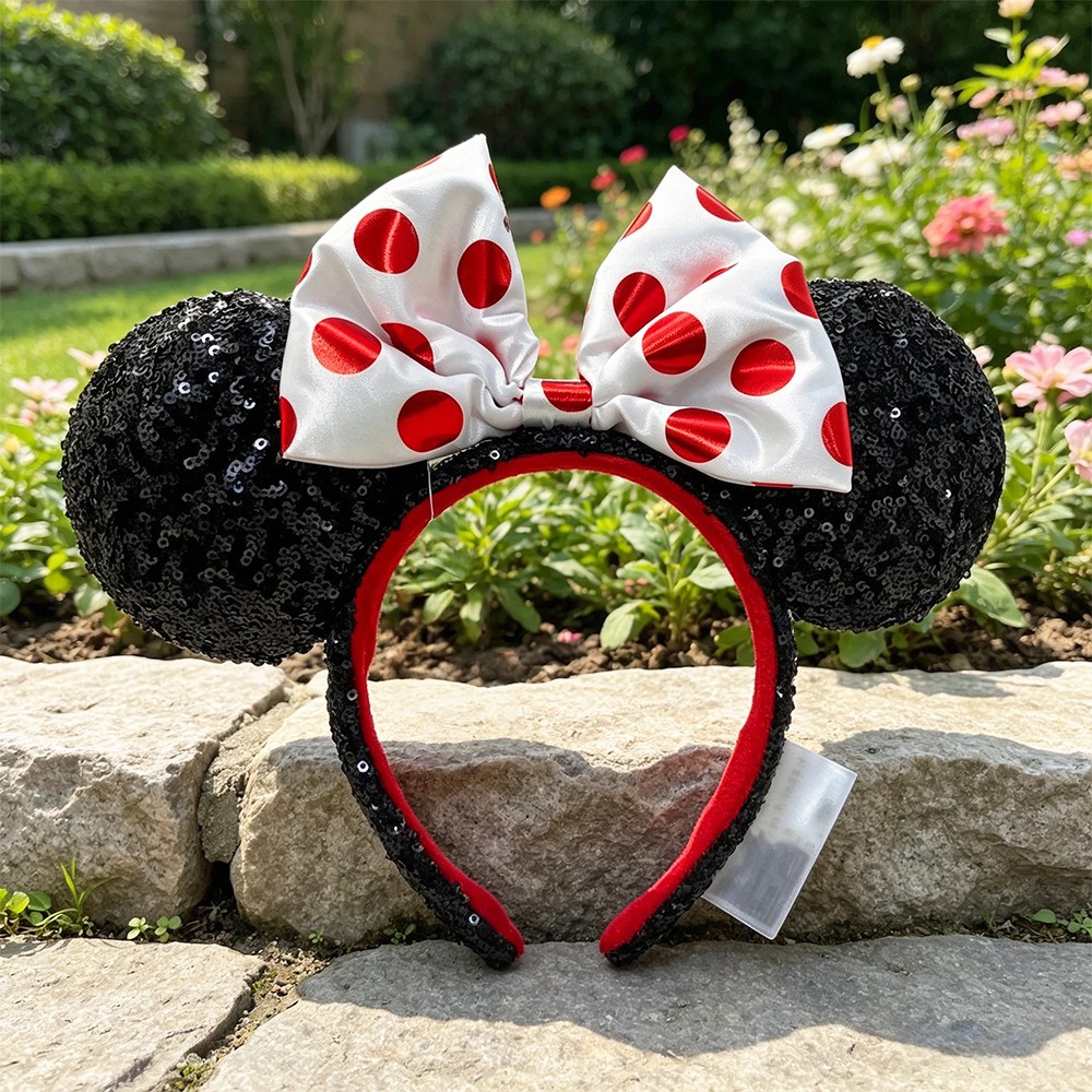 Disney- Parks Black Sequin Minnie Ears Headband with Red White Polka Dot Bow NWT