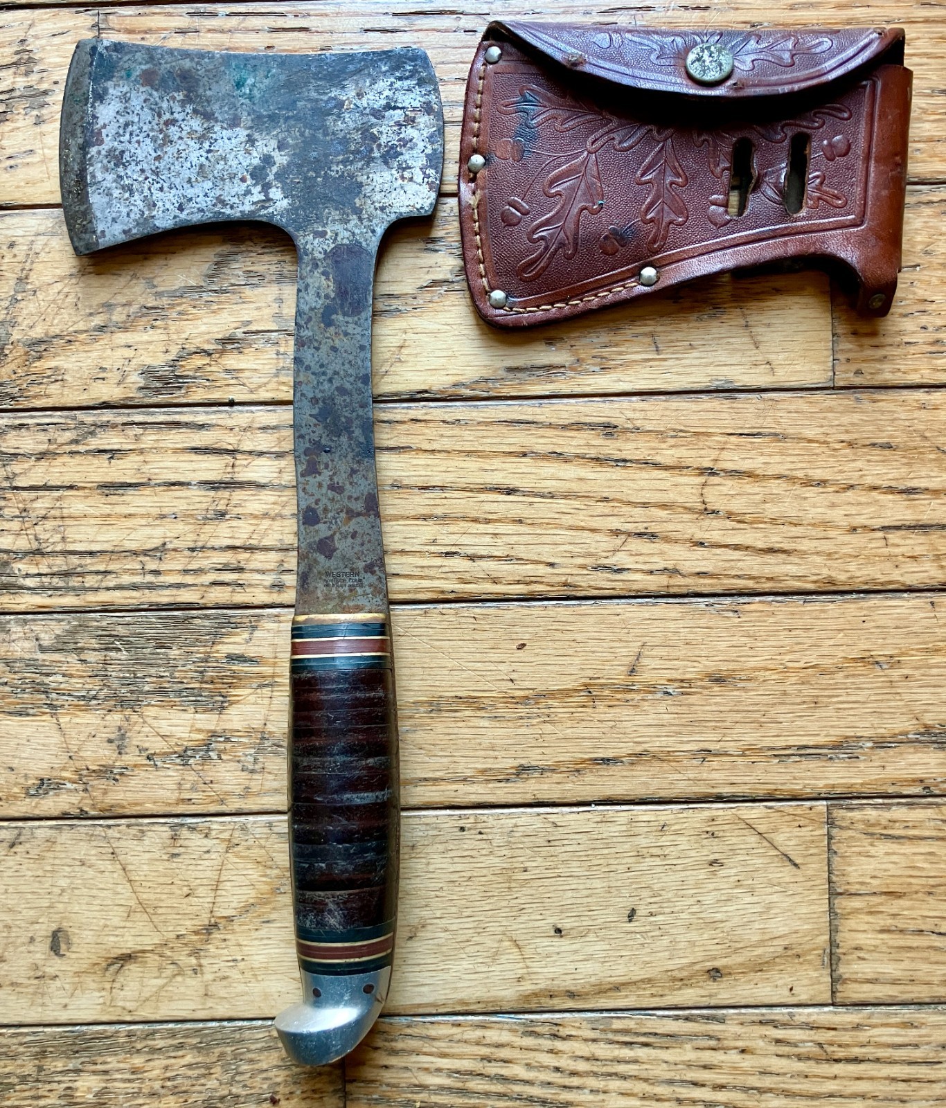 WESTERN BOULDER COLO USA Hatchet STACKED HANDLE Leather BELT sheath 1935-1950